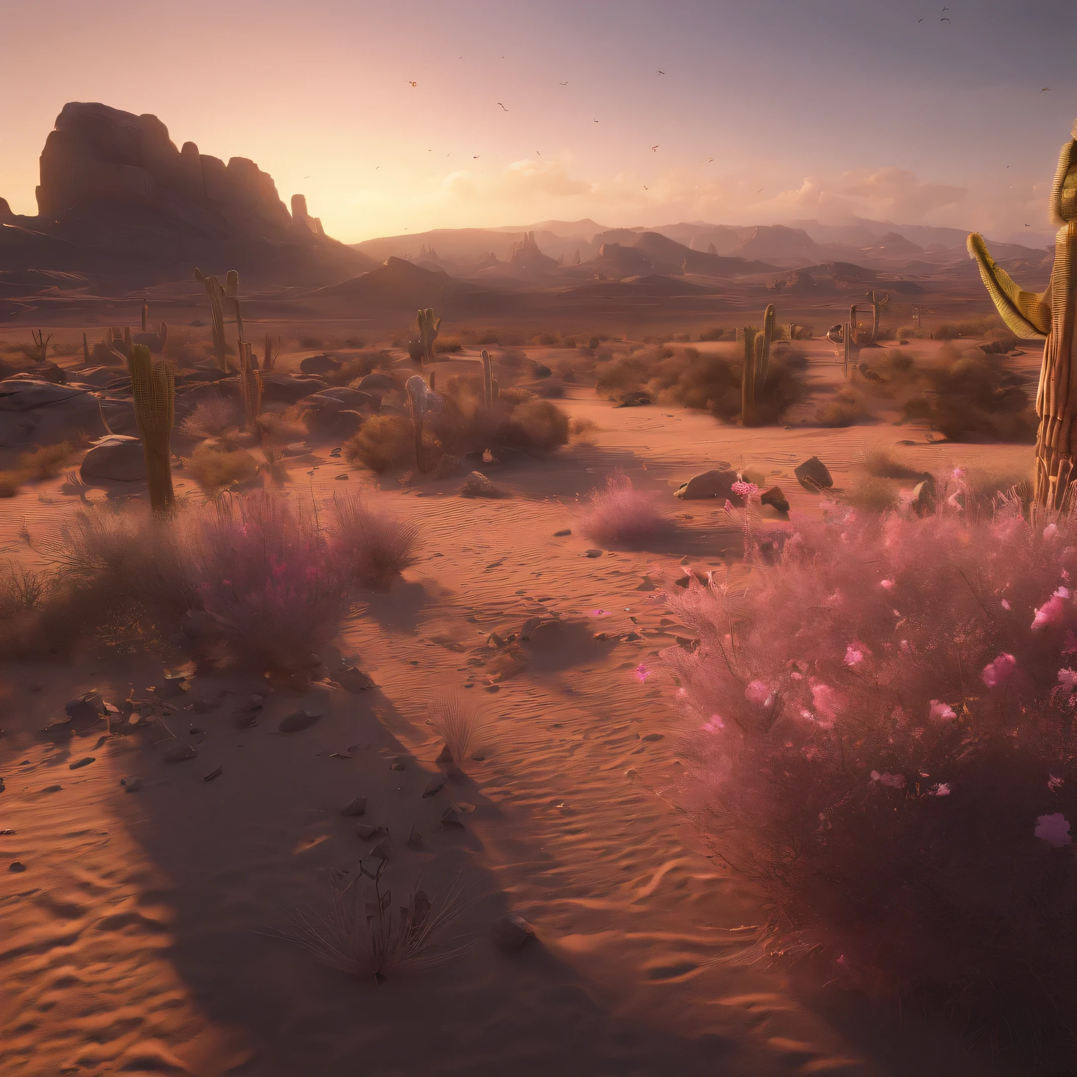 masterpiece, best quality, (Very detailed CG unified 8k wallpaper), dynamic lighting, (charming desert), Sunshine Oasis,Various scattered bones,Mainly pink, grassland,, Highlight every intricate detail, Add a dreamy texture to the scene, mystery times, dreamy details, mystery, Warm and friendly atmosphere, atmospheric dust, underground scattering, Light tracing, depth of field, Bokeh, bright colors, movie hard light, Realistic shadows, Beautiful glowing details, , octane rendering, Light tracing, concept art, Reality, Unreal Engine 5