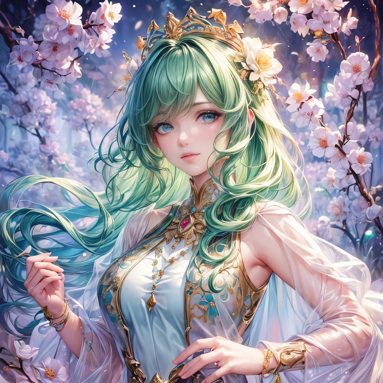 (best quality:1.4),(masterpiece:1.4),super detailed,8K,CG,Beautifully,Upper body,,thumb girl,green eyes, little princess,flowing coat dress,garden background,detailed facial features,Long curly hair,almond eyes,Fine eye makeup,long eyelashes fluttering,Sparkling star eyes,and starry gaze, Intricate lip details,The style is soft., 