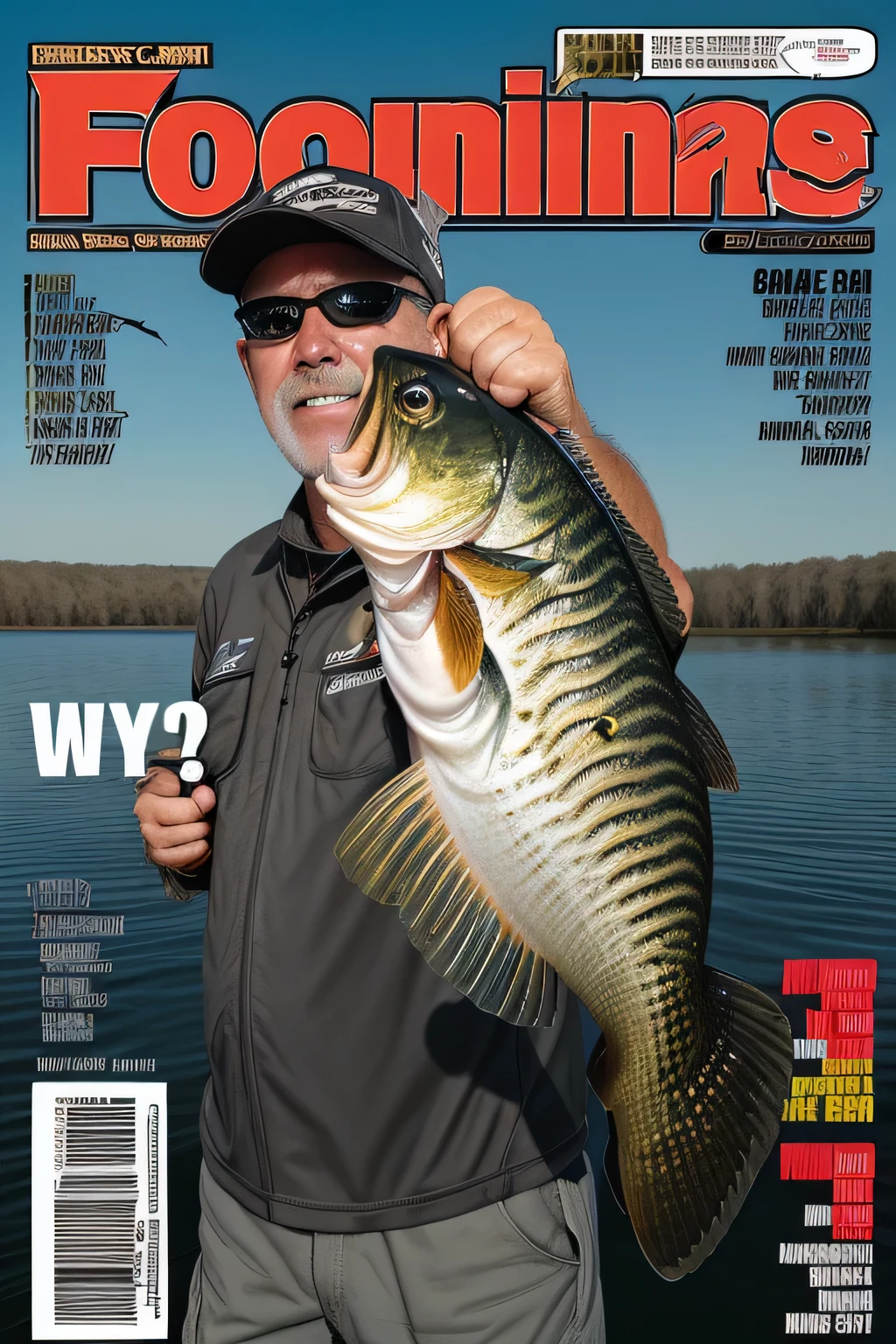 magazine cover, fishing magazine, black bus, lure, reel