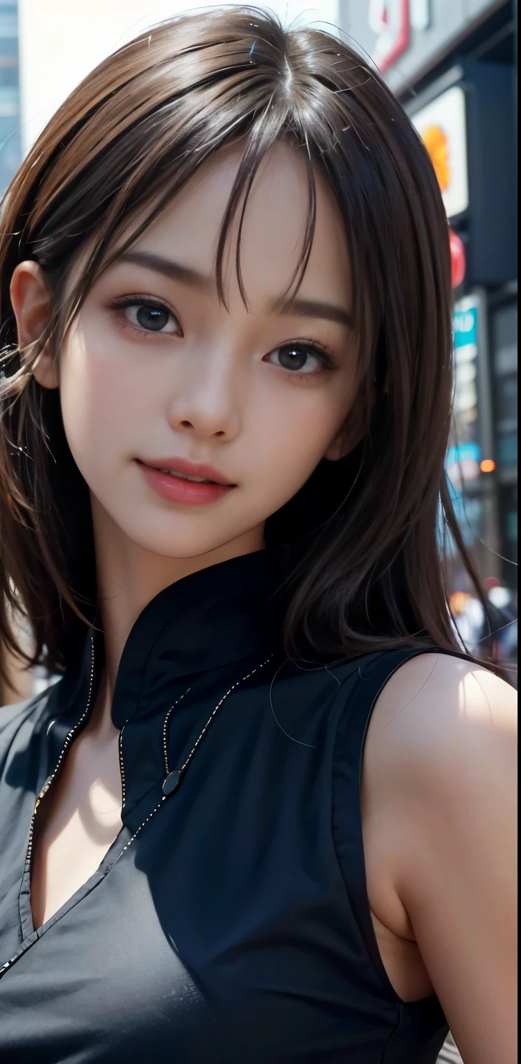 Masterpiece, 1 Beautiful Girl, Detailed, Swollen Eyes, Top Quality, Ultra High Resolution, (Reality: 1.4), Original Photo, 1Girl, Cinematic Lighting, Smiling, Japanese, Asian Beauty, Korean, Clean, Super Beautiful, Little Young Face, Beautiful Skin, Slender, Cyberpunk Background, (ultra realistic), (high resolution), (8K), (very detailed), (best illustration), (beautifully detailed eyes), (super detailed), (wallpaper), (detailed face), viewer looking, fine detail, detailed face, pureerosfaceace_v1, smiling, 46 point slanted bangs, looking straight ahead, neat clothes, dark colored eyes, clothes sleeveless, body facing front,