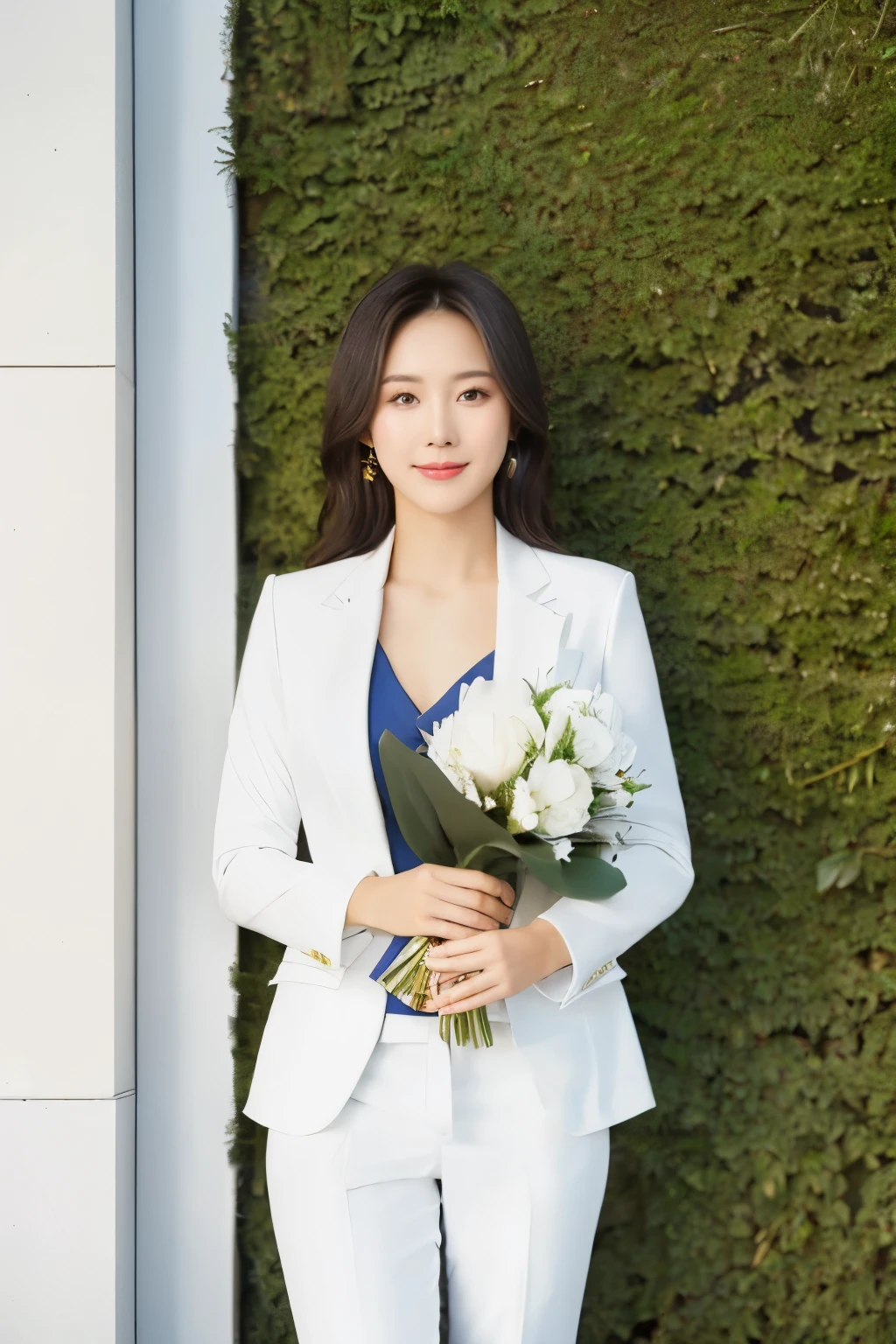 1 girl,(the only person:1.4),(white business suit:1.4),(white skirt:1.4),bouquet of white flowers,no shirt