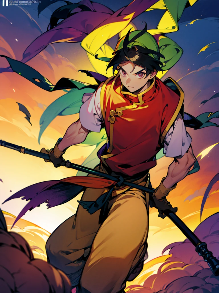 The character named Tir McDohl looking at his hand, holding his staff, slim asian young man, black hair, chinese clothes, red shirt, white sleeves, yellow pants, purple bandana, green cape, and he's inside an illuminated room with skulls and clocks.