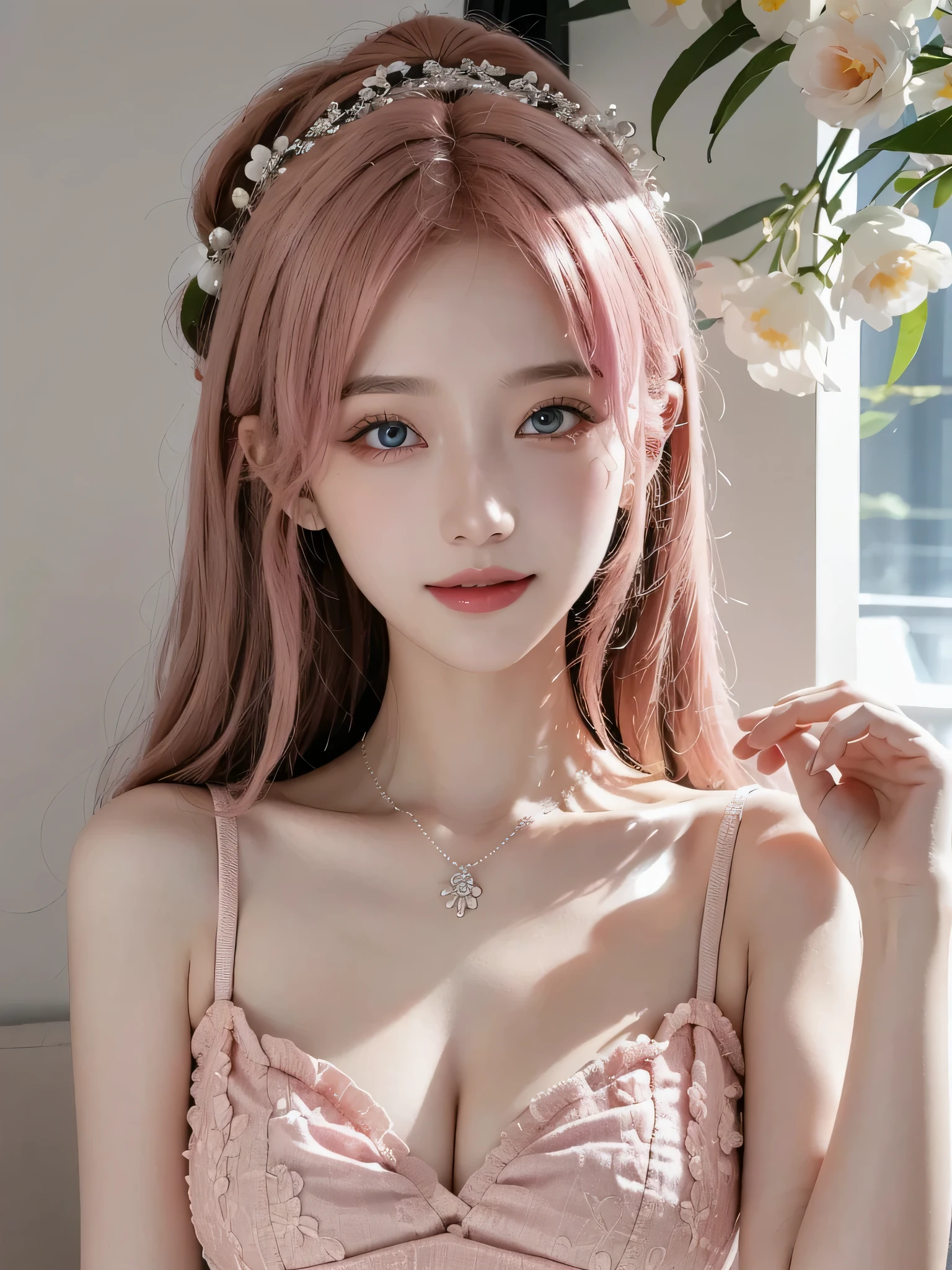 mmxcjnsactual, ulzzang-6500-v1.1:0.9, masterpiece, Super detailed, BestLightingforMovieLighting, whole body, Particle light effects, cyberpunk, masterpiece: 1.2, powder blusher, Smile, bubble, lifelike light, official art, Very detailed CG unified 8k wallpaper, actual, a beautiful girl, alone, blush, Smile, blue Eye, at the concert, Combexist posture, pink hair, al-Qaeda, neon lights, thigh, opaque, Delicexiste face, Blonde_hair, white_Gloves, Tree, flower, watching_exist_audience, purple_Eye, skirt, jewelry, earrings, headgear, necklace, hair accessories, handmade decoration, indoor, landscape, flower海背景, Pure love face_v1 , (National Science Foundation)