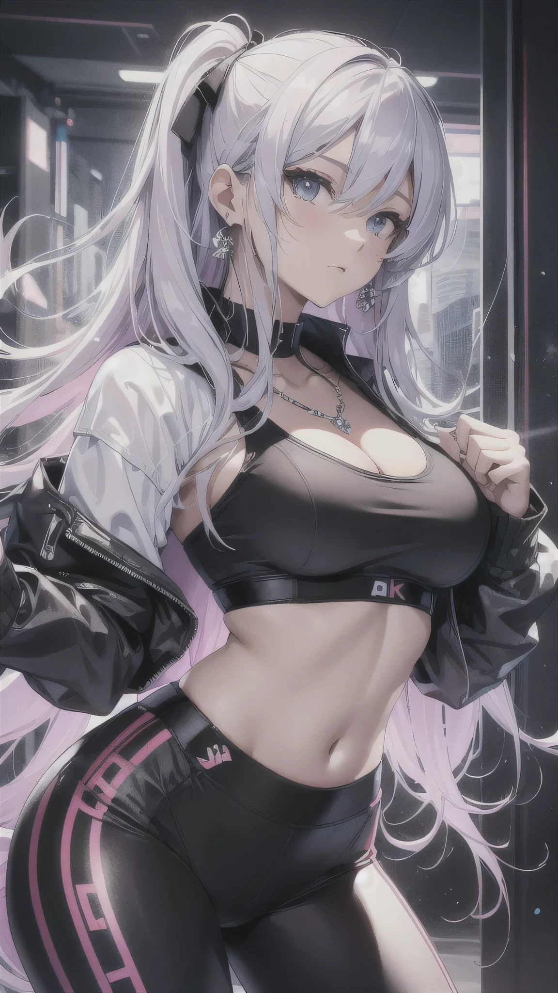 最high quality、best image quality、masterpiece、girl((20-year-old、 By becoming、vest bust、medium bust,wide open breast tea、shining eyes, silver hair、long hair、thin,highest valley、black sports bra、black sports pants、shoulder tattoo,diamond earrings、Wristband、black jacket、necklace、leaning forward、Guts pose)),high quality、beautiful art、background((white wall、cool doodles))、Flight、debris flies、Depth of written boundary、movie、visual art、perfect art、8K,genuine、Dynamic Performance