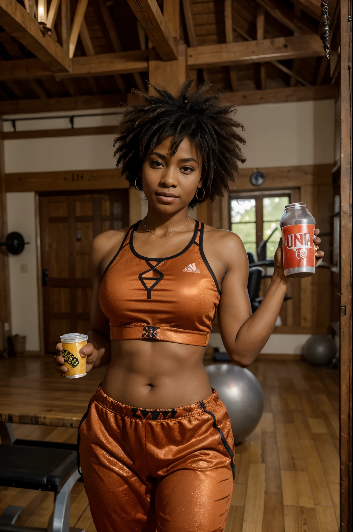 An African-American woman with a voluminous afro is taking a break during her workout in a traditional African gym. She is dressed in a form-fitting gym suit, and she is holding an energy drink for refreshment. The gym has rustic decor with traditional African art elements. She stands confidently, with the energy drink in her hand, catching her breath and rehydrating, exuding a sense of vitality and health.