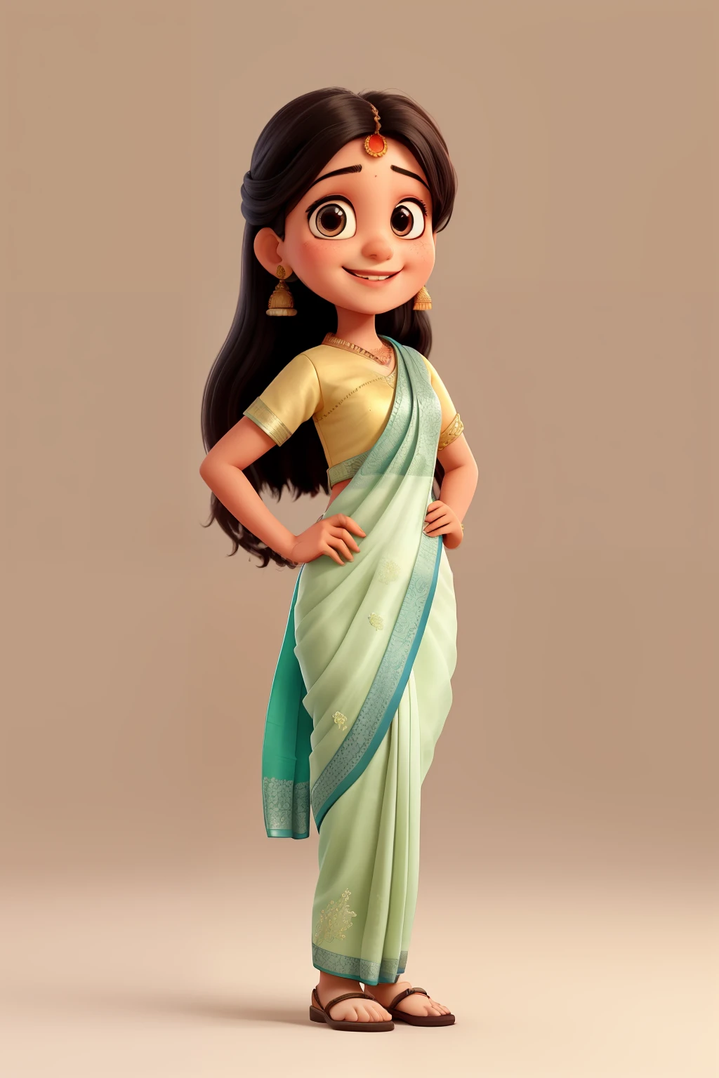 a indian girl wearning a beautiful saree with hands joined standing while looking at front with a smile on face, long hairs, background plain