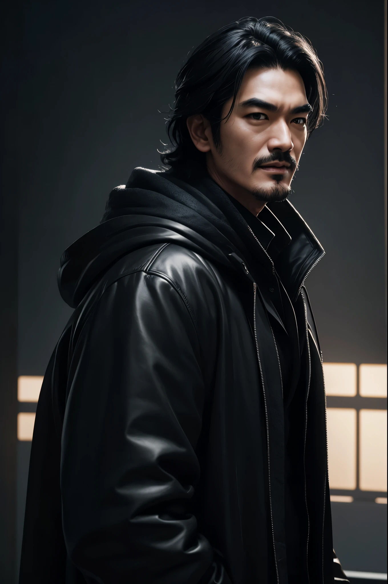 1 Super handsome,((surreal details)), man wearing a black coat with a hood,laughter,Bunching up black hair,Portrait of Takeshi Kaneshiro, global illumination, Shadow, octane rendering, 8K, super sharp,Metal,convolution,8K,