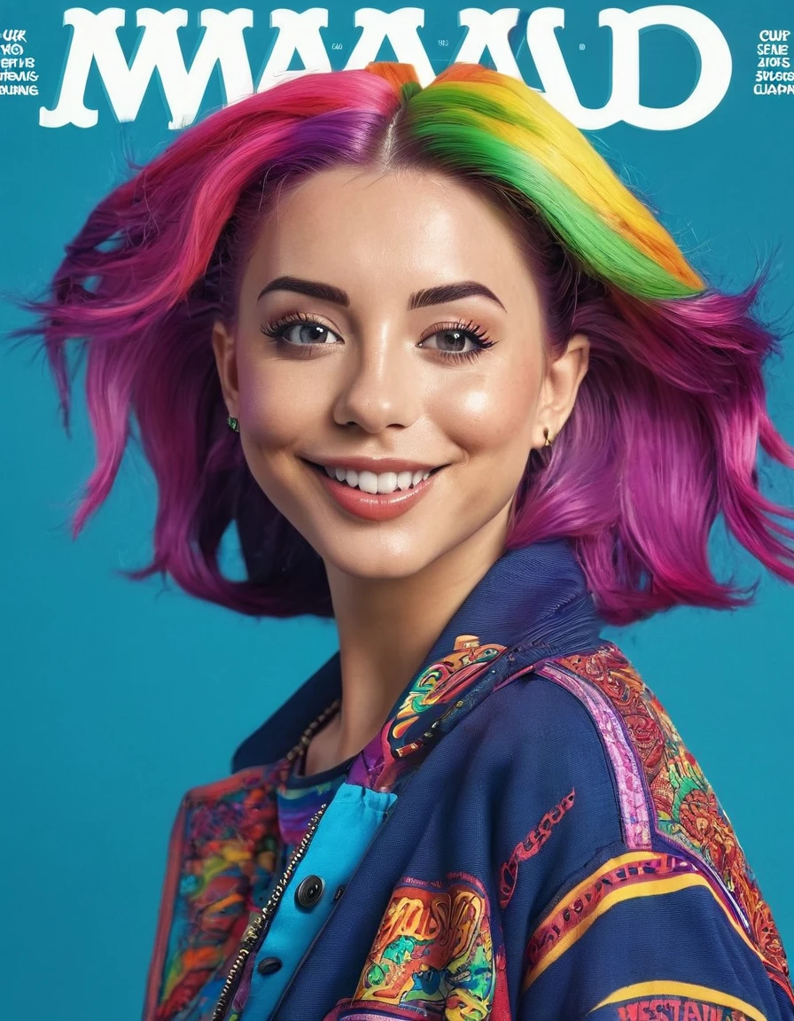 Magazine Cover, aesthetic, mad-magazine-cover, (a girl with) vibrant colorful hair, striking pose, stylish clothes, confident smile, dynamic background, (high fashion),(realistic),(studio lighting), (best quality,4k,highres), (portrait)