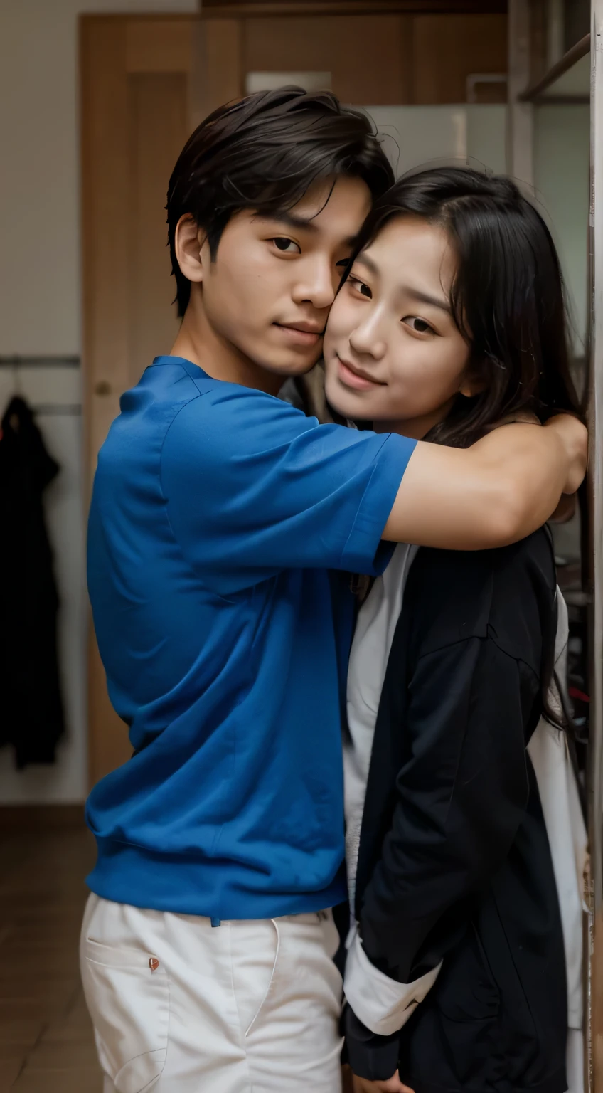 young korean couple, The boy must be hugging the girl, But the boy'I can't see your face, he just must be very beautiful. they must exude an atmosphere of love