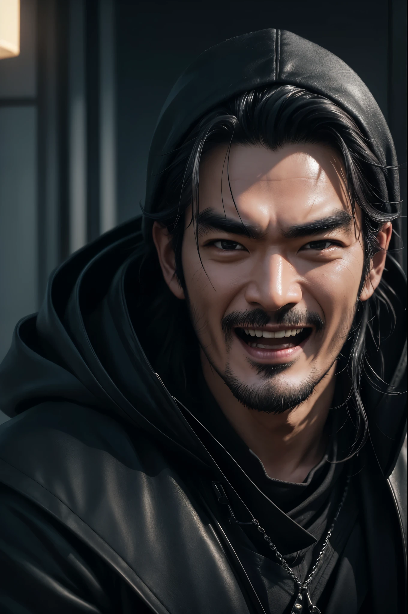 8K,1 Super handsome,((surreal details)), man wearing a luxurious black coat,laughter,Bunching up black hair,Portrait of Takeshi Kaneshiro, global illumination, Shadow, octane rendering, 8K, super sharp,Metal,convolution,masterpiece,Photorealistic RAW photos of the highest quality。bright colors,rich colors, Backlight, cinematic lighting, film grain, to be born, 50MM lens, Nikon D850,detailed character art,fantasy art,ultra high resolution,super realistic skin,perfect hand shape,In front of the abandoned temple,TAKESHI KANESHIRO,