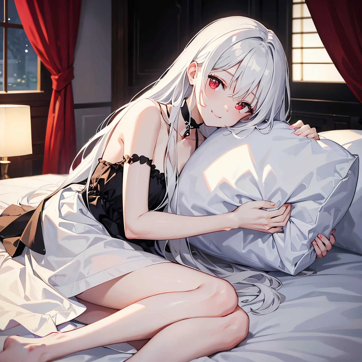 white paper、medium long hair、red eyes、Looking towards me and smiling、lying on the bed、hugging a pillow、cute、wearing a choker、wearing a black dress、she