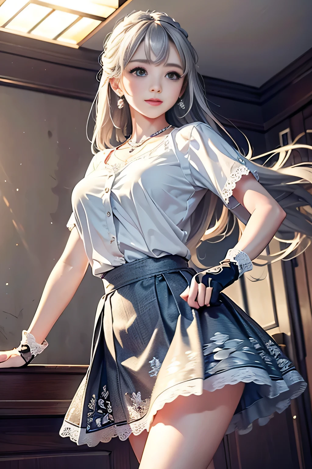 Low - Angle,from below,((1 girl, dancing)), ((masterpiece:1.4, highest quality)), ((masterpiece, highest resolution)), (beautiful illustrations),(Beautiful semi-long silver hair),cute office lady,  (white blouse, Elegant flared skirt with flower print), (looking at the viewer),
 innocent smile, Day, the wind is strong,cinematic lighting,white over knee high,lace chalk, Wristband, fingerless gloves, over knee high,
lace chalk, diamond necklace,Wristband, fingerless gloves, earrings,
