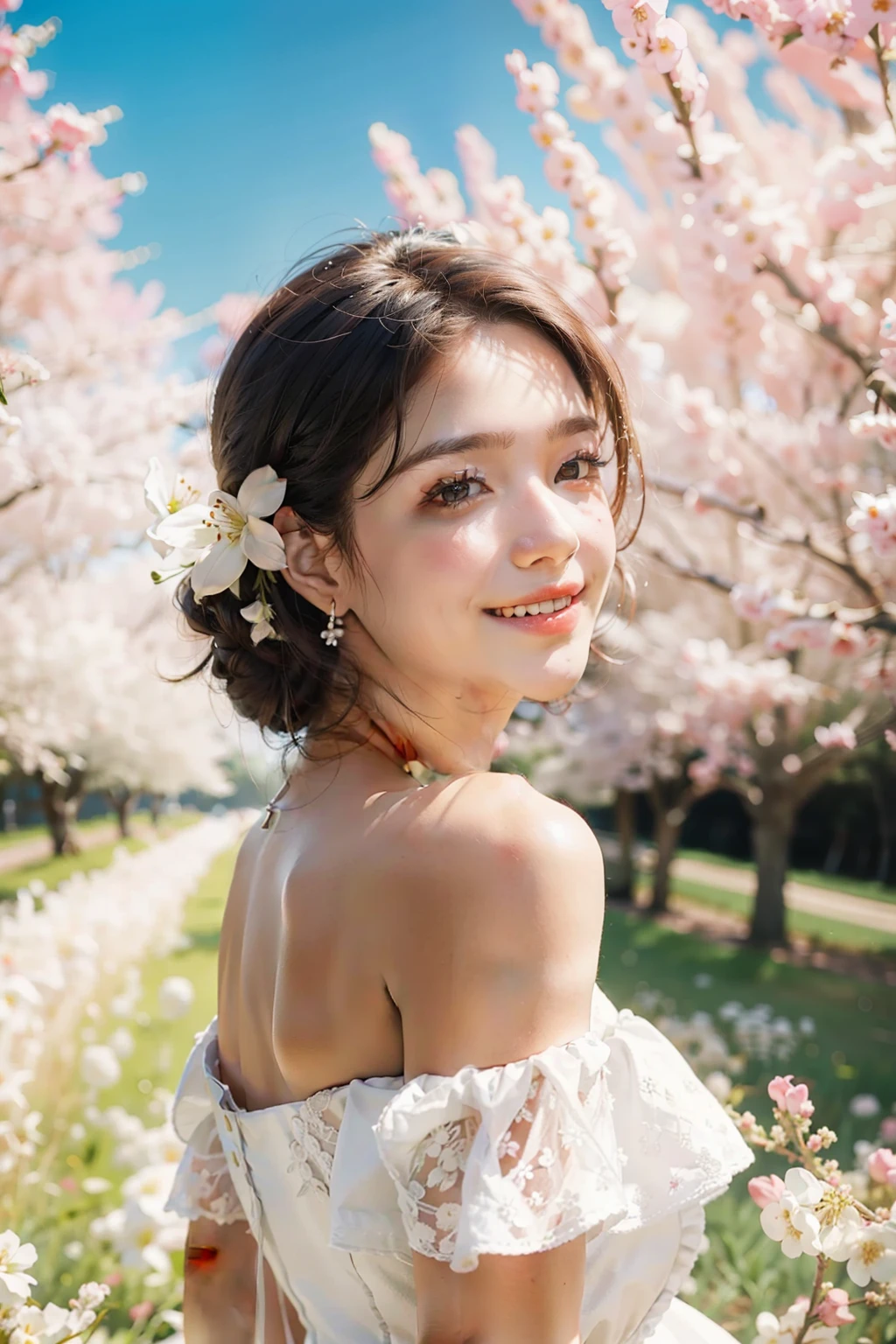 Best quality, masterpiece, ultra high res, (photorealistic:1.4), raw photo, 1girl, white dress, off shoulder, blossom flower field, glowing skin, light smile