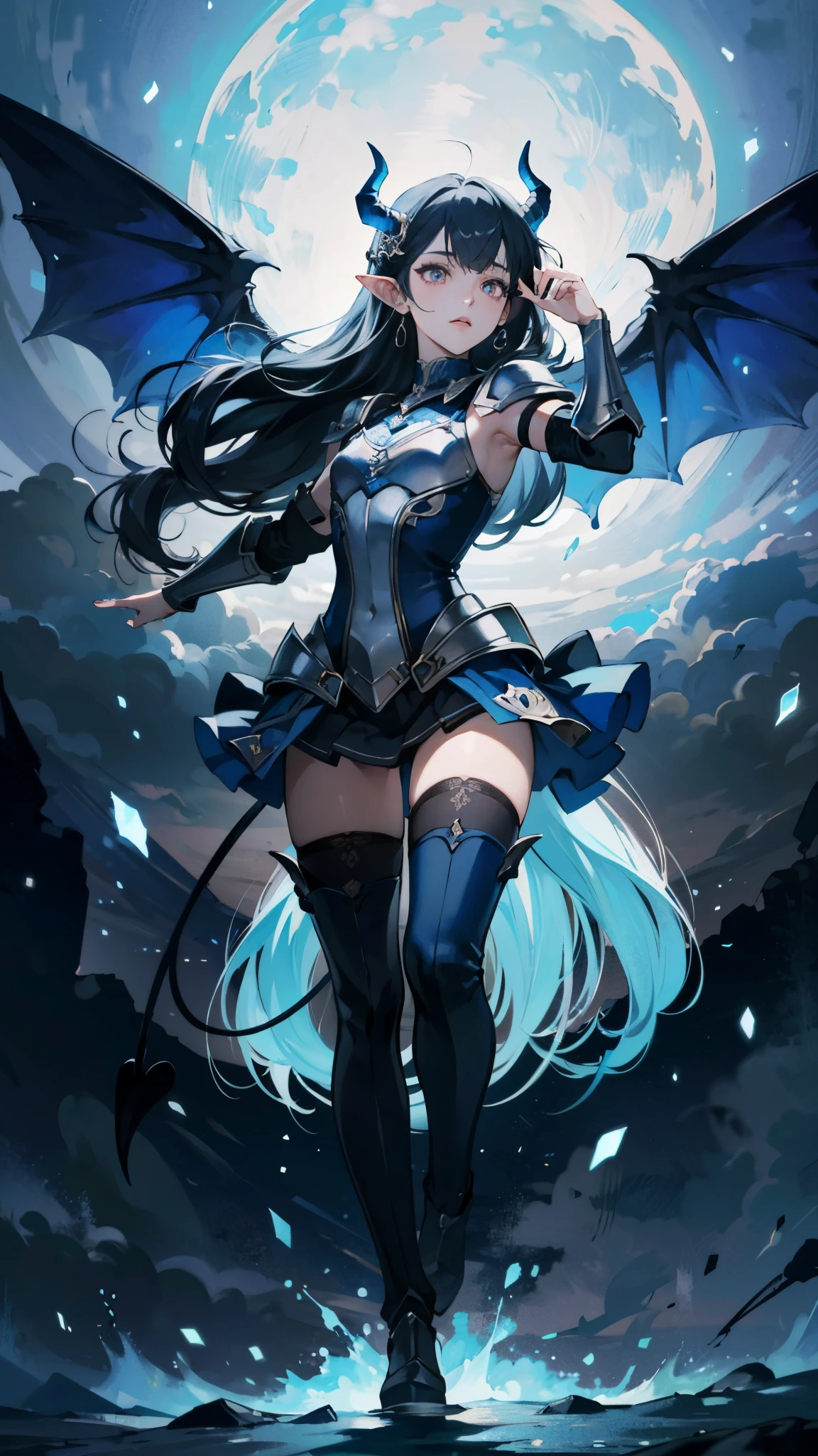 (demon princess, (gyaru face:1.1), dark skin, full body standing, pointed ears, small horns, armor), dark atmosphere, glowing eyes, flowing hair, dynamic pose, mystical background, haunting beauty, masterpiece:1.2, ultra-detailed, realistic, HDR, studio lighting, professional, vivid colors, portraits, sharp focus, physically-based rendering, horror, deep blue color palette, ethereal lighting