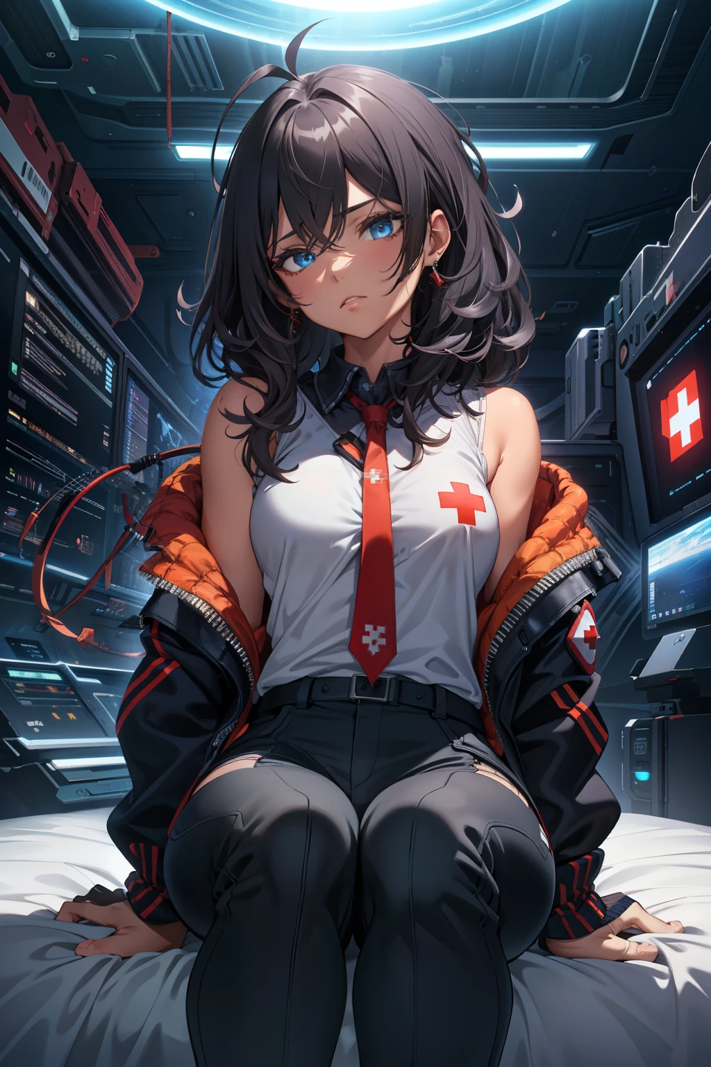 (extremely detailed CG unity 4k wallpaper),(masterpiece),(best quality),(ultra-detailed),(best illustration),(best shadow),(absurdres),(detailed background), Detailed face, Detailed hair, Woman with light skin, Shoulder length messy straight and curly black hair, negative canthal tilt, Doe eyes, Blue eyes, pleading expression, Blue Long Sleeve Shirt with Red cross patch, black pants, Spaceship interior, Siting on a bed, Black glossy eyeshadow, Outerspace,