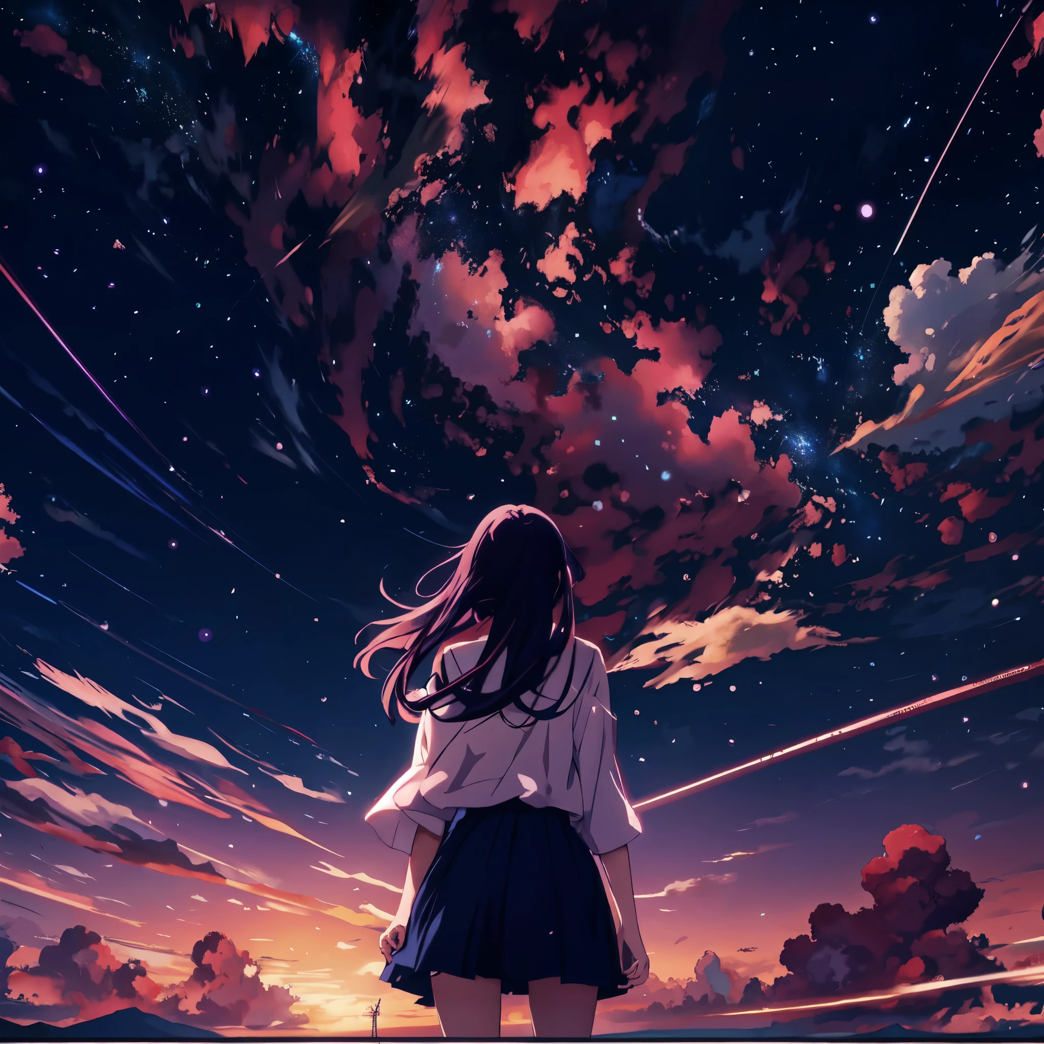 Anime girl looking at the stars in the sky, girl stares into space, anime girl with space hair, anime art wallpaper 8k, anime art wallpaper 4k, anime art wallpaper 4k, space sky. by Makoto Shinkai, anime sky, anime wallpaper 4k, anime wallpaper 4k, infinite universe in the background, look at the sky