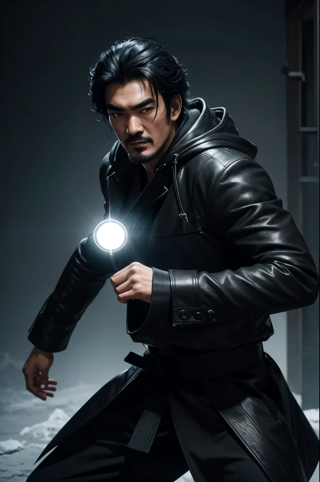 1 Super handsome,((surreal details)), man wearing a black coat with a hood,laughter,Bunching up black hair,Portrait of Takeshi Kaneshiro, global illumination, Shadow, octane rendering, 8K, super sharp,Metal,convolution,8K,sharp gaze,dynamic action pose,karate stance,