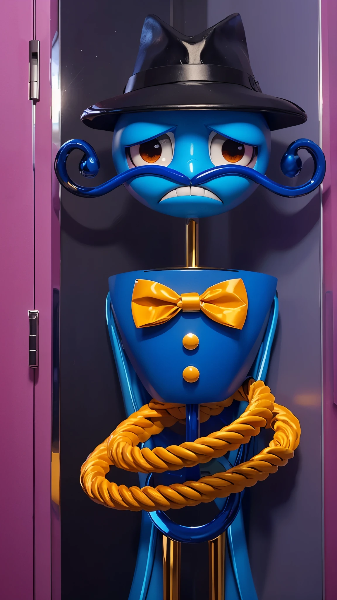 A blue character with a hat, a sad face, and a yellow bow tie is standing in front of a purple door. It has two golden loops around its body. there is a blue-orange daddy long legs in a hat and a yellow rope, iconic character with high detail, 2 d illustration, 2D illustration, stylized digital illustration, art of mobile games, in the elevator, Digital illustration -, Game illustration, mobile game background, 2d digital illustration, evil. bright colors. Cute, blue daddy long legs toy, glossy texture, smooth 3d model,