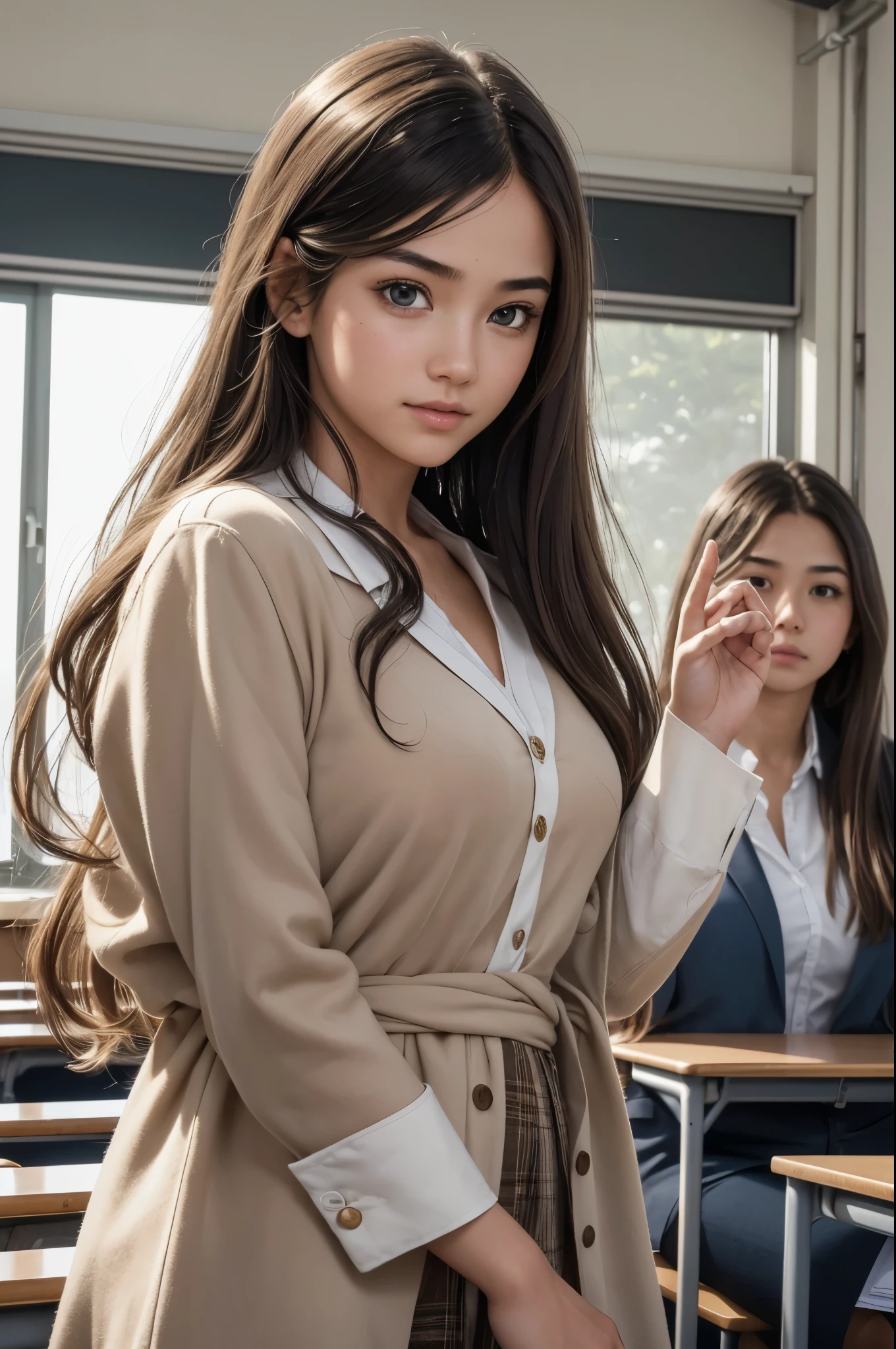 (best quality,4k,8k,highres,masterpiece:1.2),ultra-detailed,(realistic,photorealistic,photo-realistic:1.37),A girl giving a demonstration in a classroom,boy,beautiful detailed eyes,beautiful detailed lips,extremely detailed eyes and face,long lashes,natural lighting,portrait,realistic colors,soft skin,subtle blush,fine lines and wrinkles,delicate hair strands,highly detailed background,A girl with long flowing hair,bright classroom setting,engaged and curious students,focus on the girl's confident expression and hand gestures,interaction between the girl and the boy,teacher in the background observing the demonstration,energetic and vibrant atmosphere,classroom equipment and props neatly arranged,professional teaching setting,authentic body language,encouraging and supportive facial expressions from the students,modern and inclusive learning environment