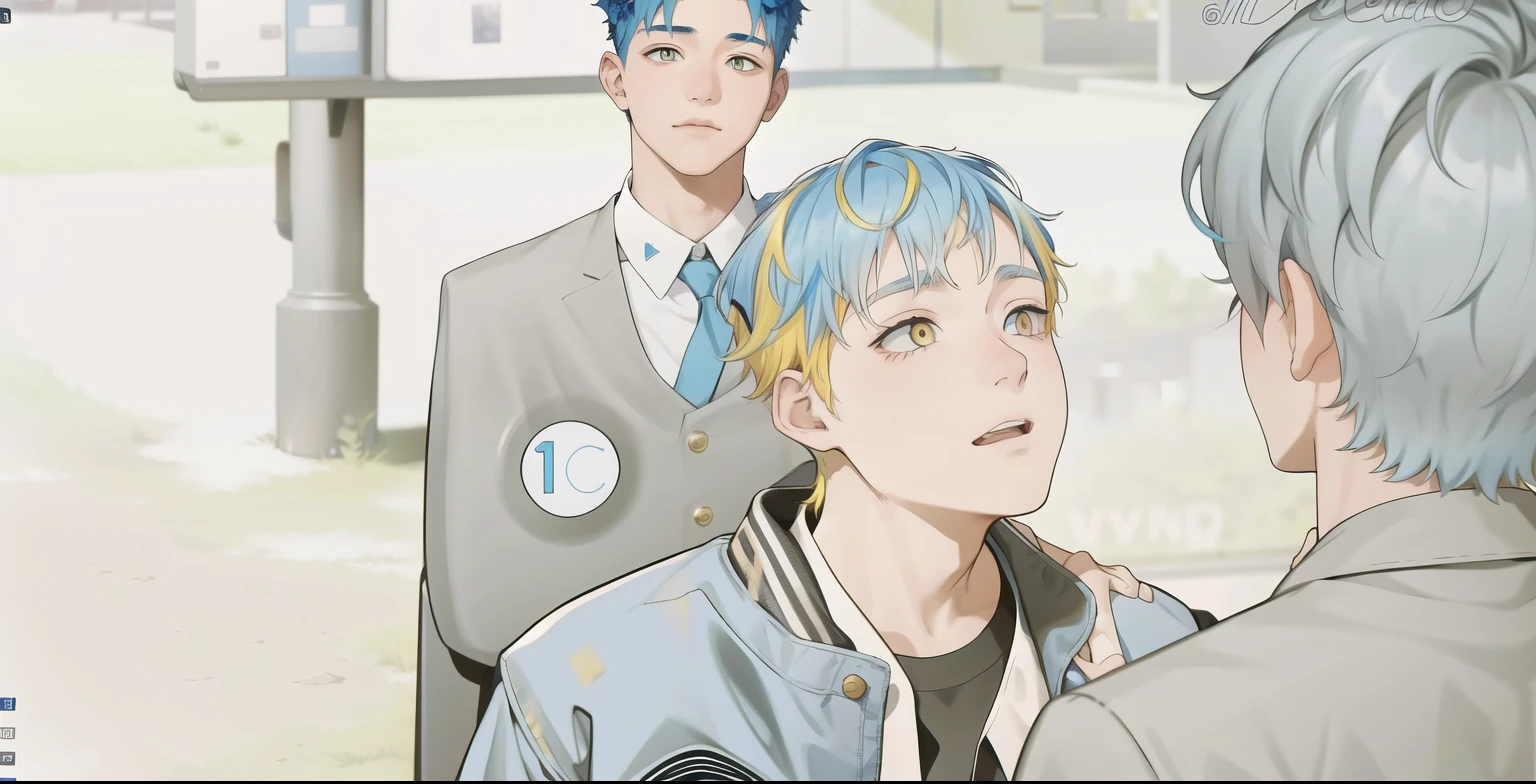 A 16-year-old boy with blue hair is facing another boy with yellow hair and golden eyes.