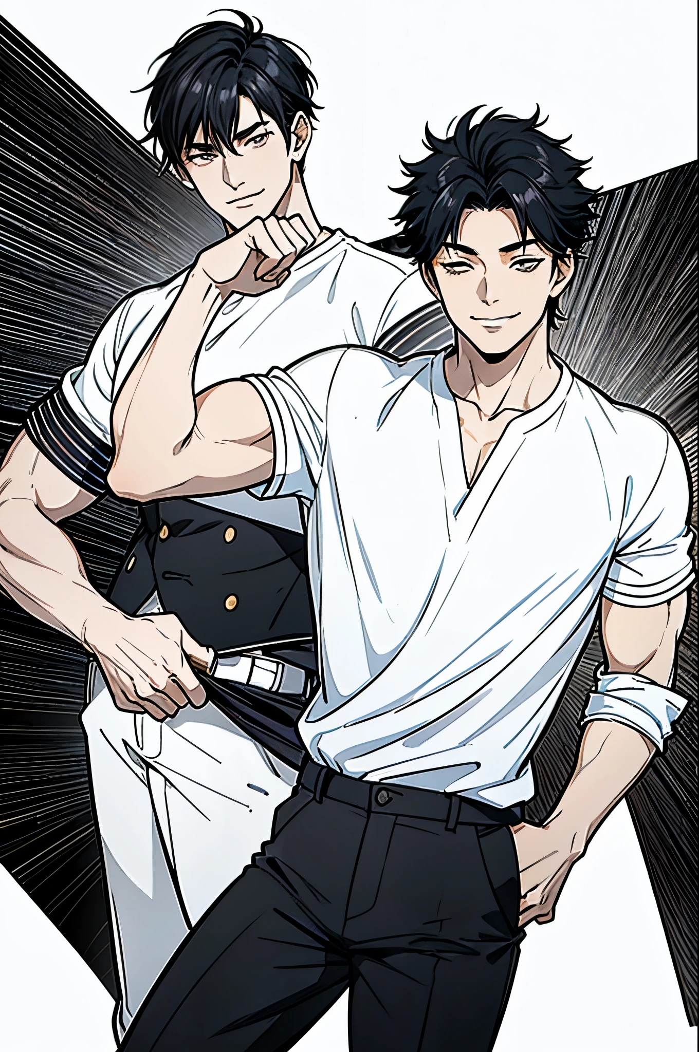 masterpiece, ultra detailed, 4K, 8K, 32K, intricate, (((1boy))), ((black hair)), ((no background)), white background, detailed eyes, (closed eyes), eyes shut, smile, smiling, white shirt and black pants, , handsome young man, 20 year old, (((same character))), (dynamic pose), anatomically correct hands, modern clothing, detailed clothes, (slender body), Hideaki Sorachi, Bleach, Tite Kubo, Kazuki Yone, (((stylish haircut))), Handsome male with black hair clapping to the viewer while smiling, eyes closed, white shirt and black pants, holding katana