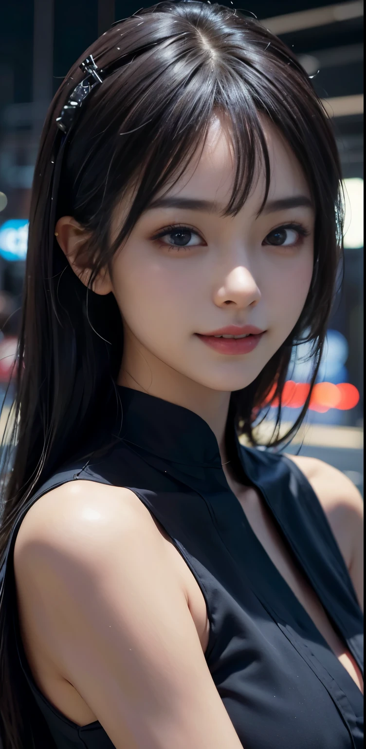 Masterpiece, 1 Beautiful Girl, Detailed, Swollen Eyes, Top Quality, Ultra High Resolution, (Reality: 1.4), Original Photo, 1Girl, Cinematic Lighting, Smiling, Japanese, Asian Beauty, Korean, Clean, Super Beautiful, Young Face, Beautiful Skin, Slender, Cyberpunk Background, (ultra realistic), (high resolution), (8K), (very detailed), (best illustration), (beautifully detailed eyes), (super detailed), (wallpaper), (detailed face), viewer looking, fine detail, detailed face, pureerosfaceace_v1, smiling, 46 point slanted bangs, looking straight ahead, neat clothes, dark colored eyes, clothes sleeveless, body facing front,