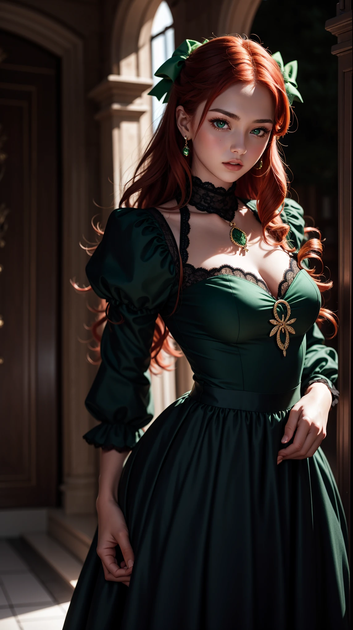 A noble Swedish vampire, very beautiful, long straight red hair, clear green eyes, Round face, Caucasian skin, middlebreasts, Waist slender, wearing stylish dark clothes, and attractive, in a dark room IN THE MIDDLE OF THE NIGHT, Dutch angle.
