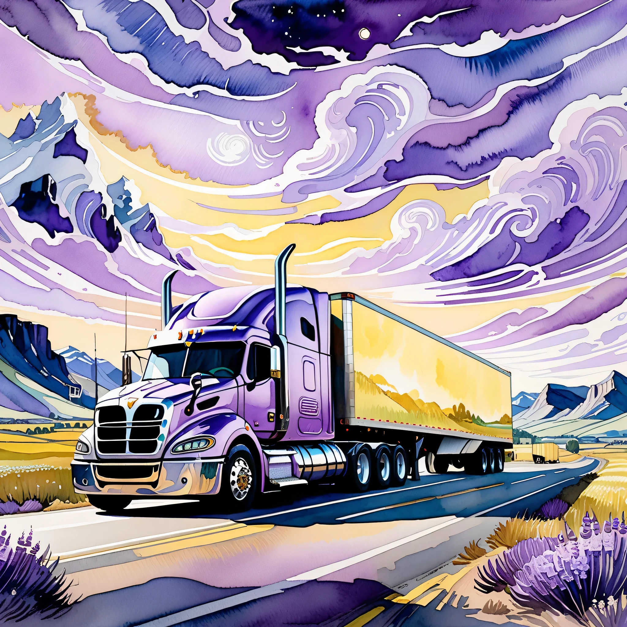 a fantasy landscape with an 18-wheeler semi truck in a light purple color, van gogh style, Watercolor, trending on artstation, sharp focus, studio photo, intricate details, highly detailed, by greg rutkowski