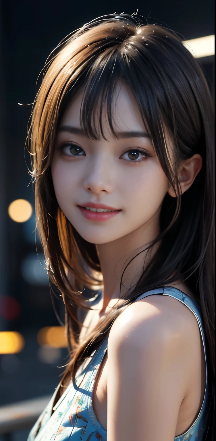 Masterpiece, 1 Beautiful Girl, Detailed, Swollen Eyes, Top Quality, Ultra High Resolution, (Reality: 1.4), Original Photo, 1Girl, Cinematic Lighting, Smiling, Japanese, Asian Beauty, Korean, Clean, Super Beautiful, Little Young Face, Beautiful Skin, Slender, Cyberpunk Background, (ultra realistic), (high resolution), (8K), (very detailed), (best illustration), (beautifully detailed eyes), (super detailed), (wallpaper), (detailed face), viewer looking, fine detail, detailed face, pureerosfaceace_v1, smiling, 46 point slanted bangs, looking straight ahead, neat clothes, dark colored eyes, clothes sleeveless, body facing front,