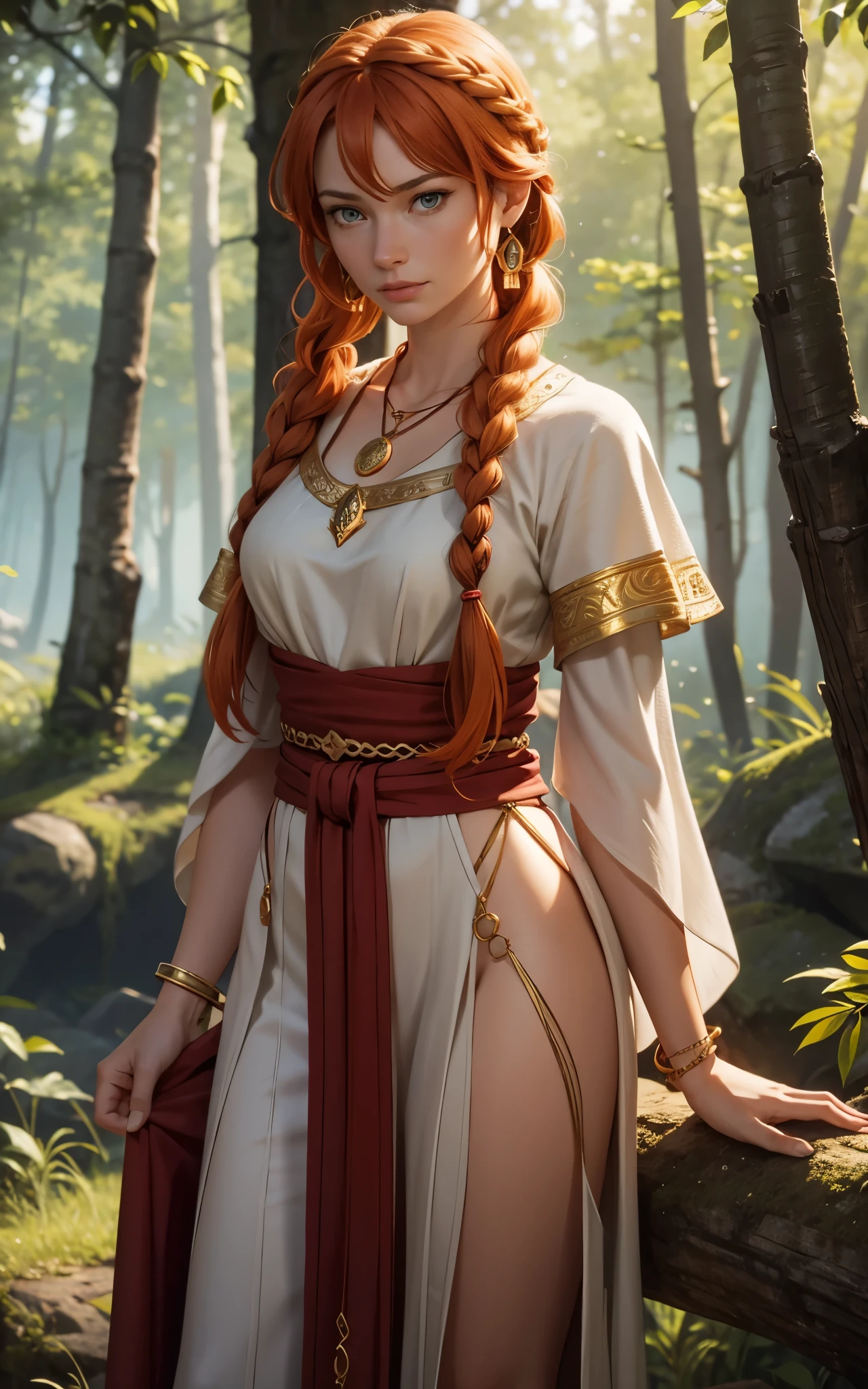 Flamme, (young Lena Headey:Evangeline Lilly), A 35-year-old woman with orange hair, green eyes, sideburns, one large braid, a gold necklace with a ruby pendant, dressed in a white Greek tunic and Roman sandals, with gold bracelets on her arms, forest in the background, masterpiece, hyperdetailed,((1girl)) ,bangs,braided ponytail,single braid,orange hair,very long hair,sidelocks,red earrings,hair over one eye,

