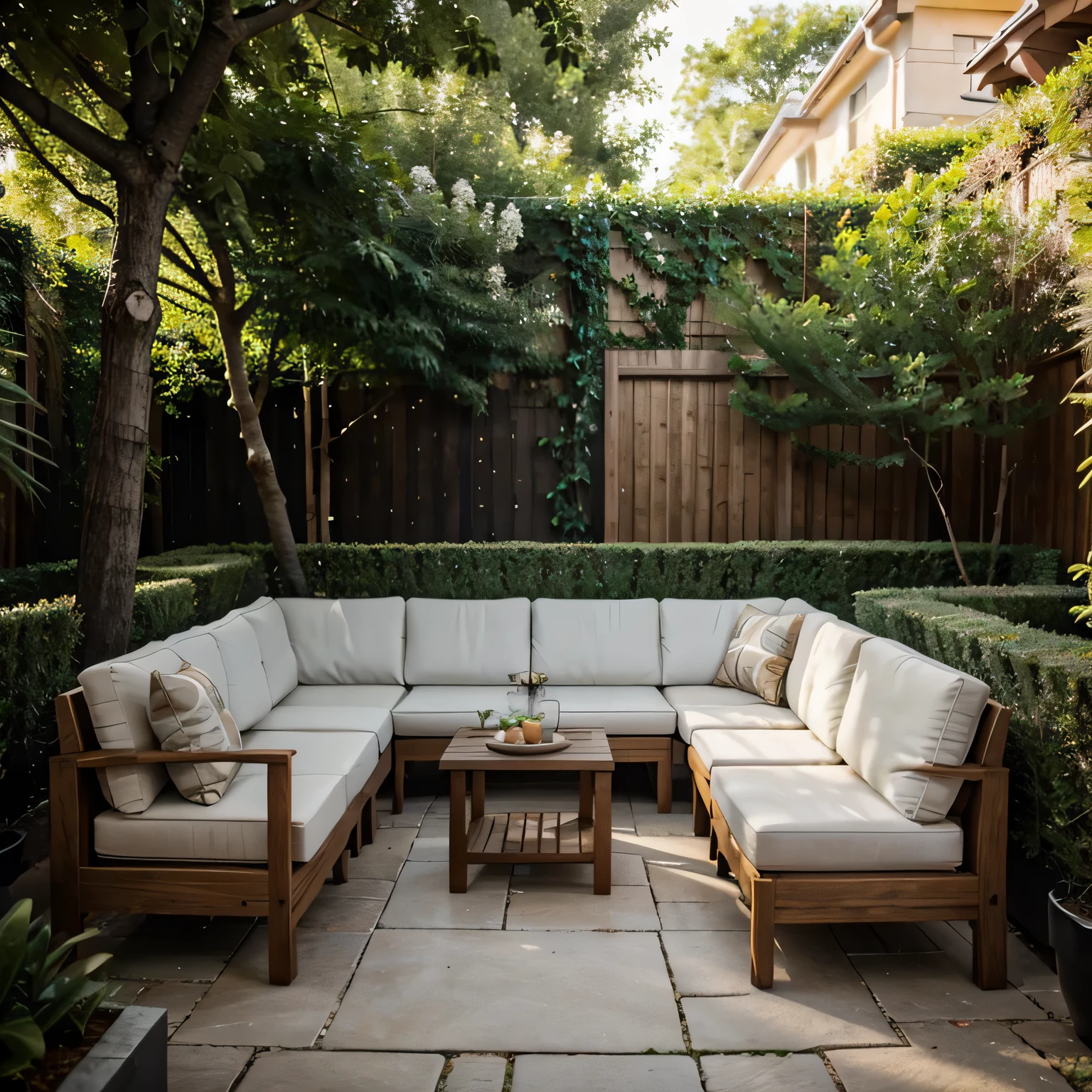 a beautifully landscaped outdoor space with various seating areas, plants, and decor