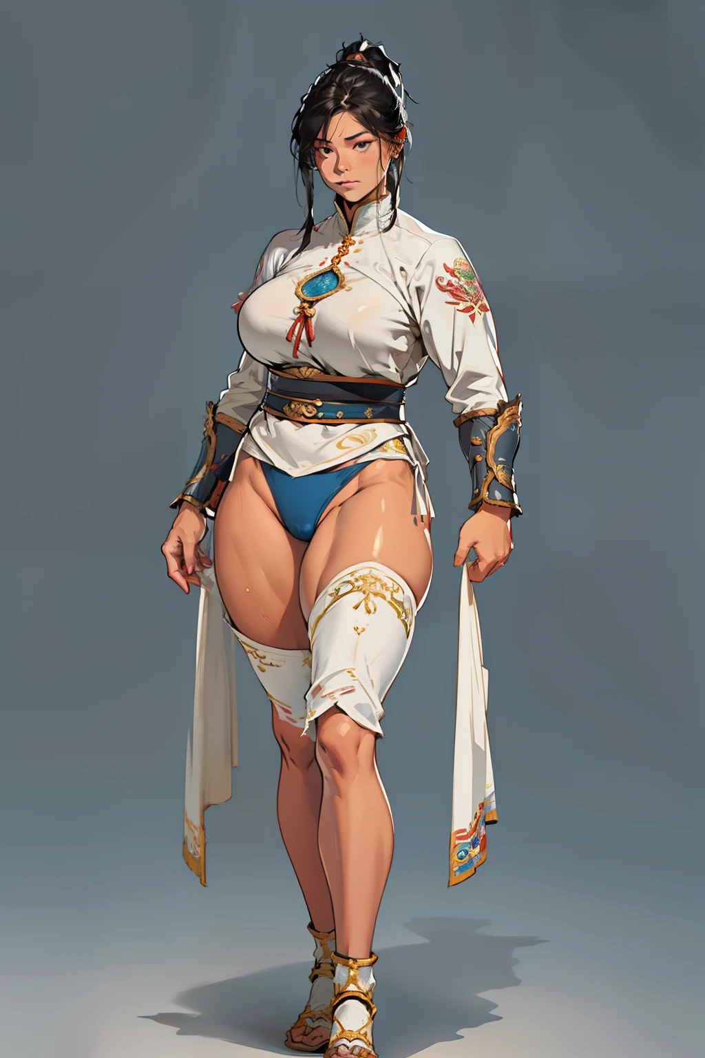 (high resolution, pixel perfect, gorgeous illustrations), (hyper quality, muste piece, etheric: 1.4), ((1girl)), (((((stand,open legs))))), ((tattoo)), ((mature woman)), cool atmosphere, ((((expressionless)))), (((((((muscular))))))), ((thick thighs)), (((wide hips))), ((Big breasts that are about to burst)), fighter, (((woman))), ((((wh_chi_armor)))), (((cameltoe))), lewd woman, (shiny skin), sweat, simple background,