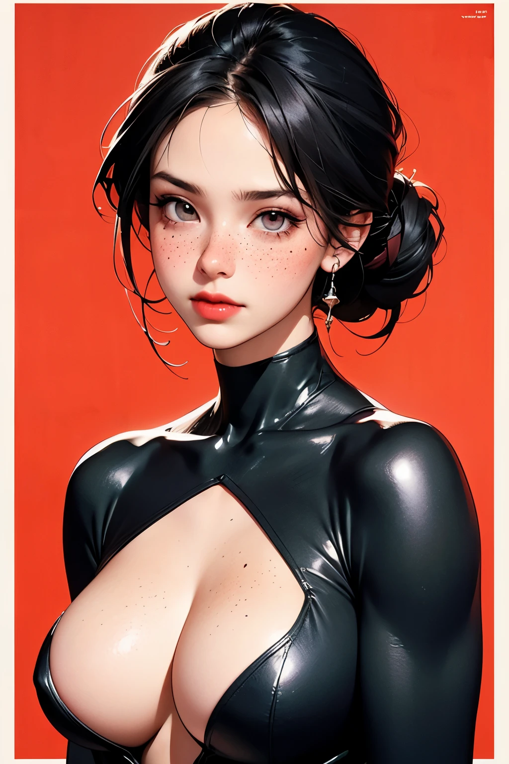 (masterpiece, best quality, hires, high resolution:1.2), (extremely detailed, realistic, intricate details, highres), 3d, cg, woman, muscular, abs, shiny skin, black hair, blush, freckles, eyeliner, eyeshadow, eyelashes, bun, plugsuit, science fiction, (huge wide breasts:1.2), (cinematic lighting, sunlight, volumetric), looking at viewer, eye-level shot, close-up shot, simple red background, vintage fantasy, 1960s \(style\), film grain, (atompunkstylesd15:1.0), (soviet poster:1.4),