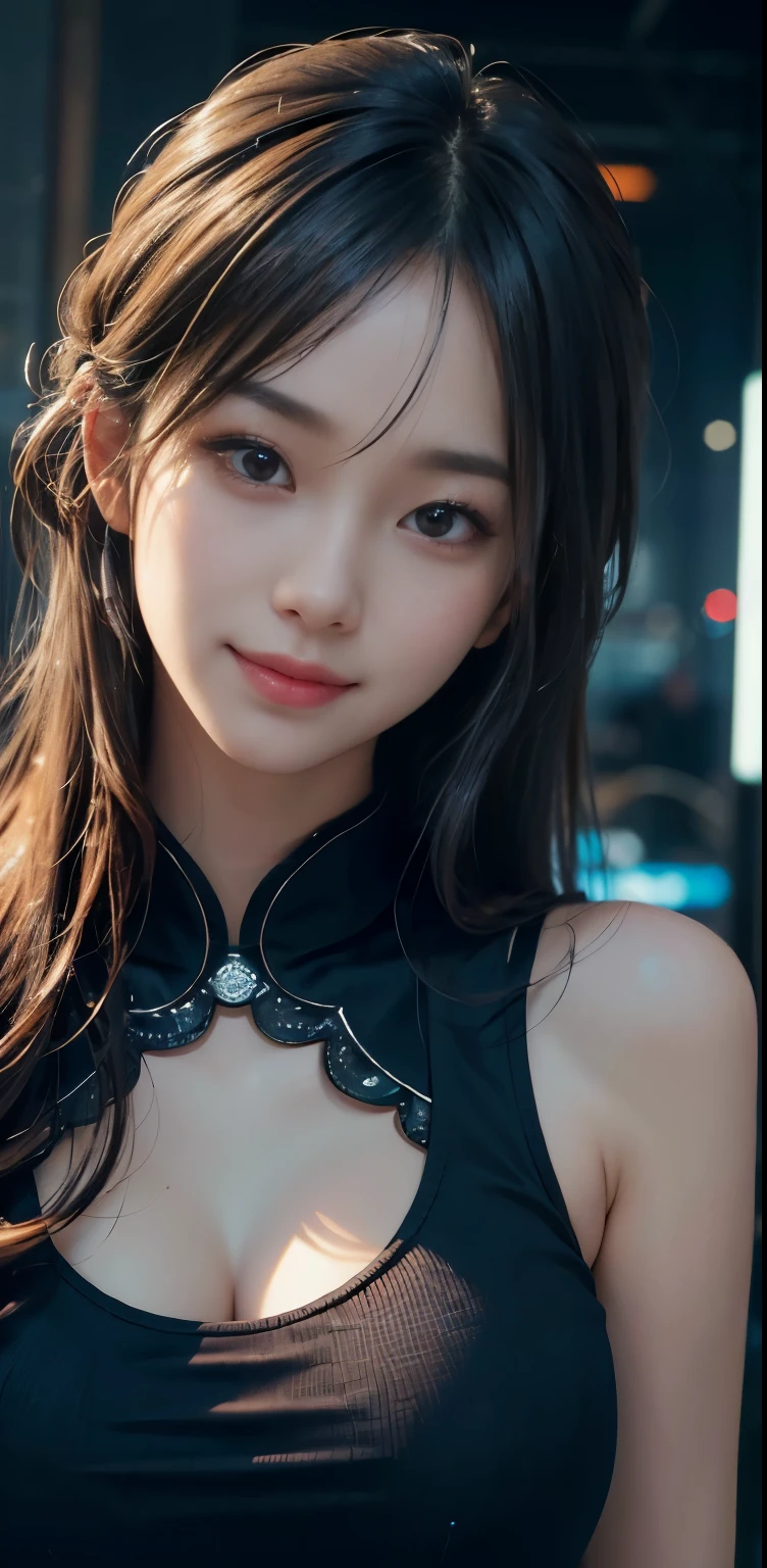 Masterpiece, 1 Beautiful Girl, Detailed, Swollen Eyes, Top Quality, Ultra High Resolution, (Reality: 1.4), Original Photo, 1Girl, Cinematic Lighting, Smiling, Japanese, Asian Beauty, Korean, Clean, Super Beautiful,  Young Face, Beautiful Skin, Slender, Cyberpunk Background, (ultra realistic), (high resolution), (8K), (very detailed), (best illustration), (beautifully detailed eyes), (super detailed), (wallpaper), (detailed face), viewer looking, fine detail, detailed face, pureerosfaceace_v1, smiling, 46 point slanted bangs, looking straight ahead, neat clothes, dark colored eyes, clothes sleeveless, body facing front,