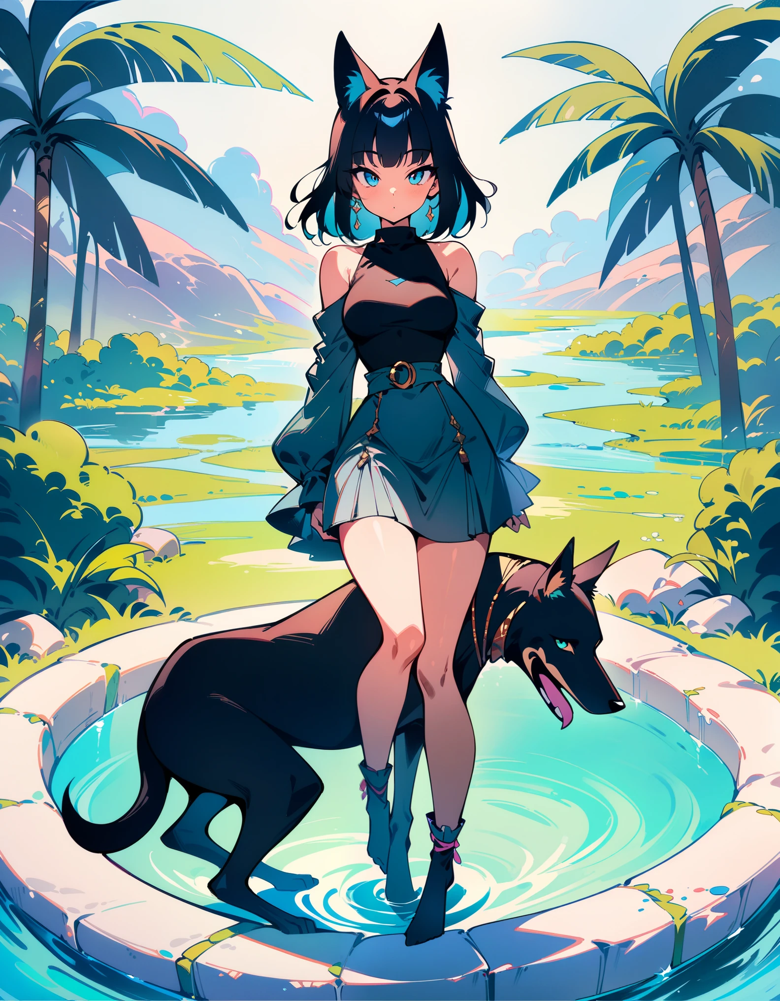 masterpiece, (full body), nai3, solo,Anubis, artstyle,best quality,amazing quality,very aesthetic,absurdres,(traditional media solo:0.4), looking at viewer,oasis,masterpiece,best quality,best quality,best quality,best quality,