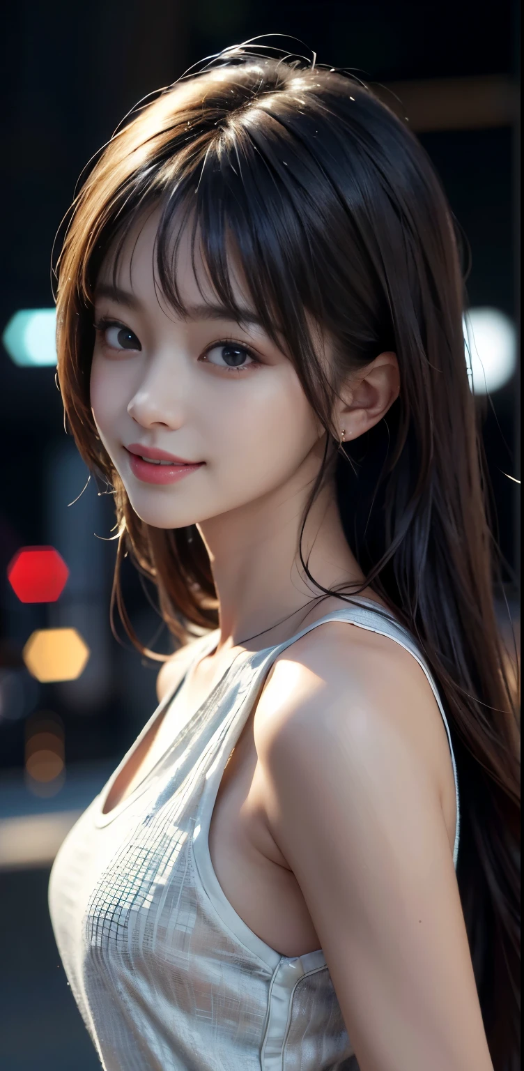 Masterpiece, 1 Beautiful Girl, Detailed, Swollen Eyes, Top Quality, Ultra High Resolution, (Reality: 1.4), Original Photo, 1Girl, Cinematic Lighting, Smiling, Japanese, Asian Beauty, Korean, Clean, Super Beautiful, Little Young Face, Beautiful Skin, Slender, Cyberpunk Background, (ultra realistic), (high resolution), (8K), (very detailed), (best illustration), (beautifully detailed eyes), (super detailed), (wallpaper), (detailed face), viewer looking, fine detail, detailed face, pureerosfaceace_v1, smiling, 46 point slanted bangs, looking straight ahead, neat clothes, dark colored eyes, clothes sleeveless, body facing front,
