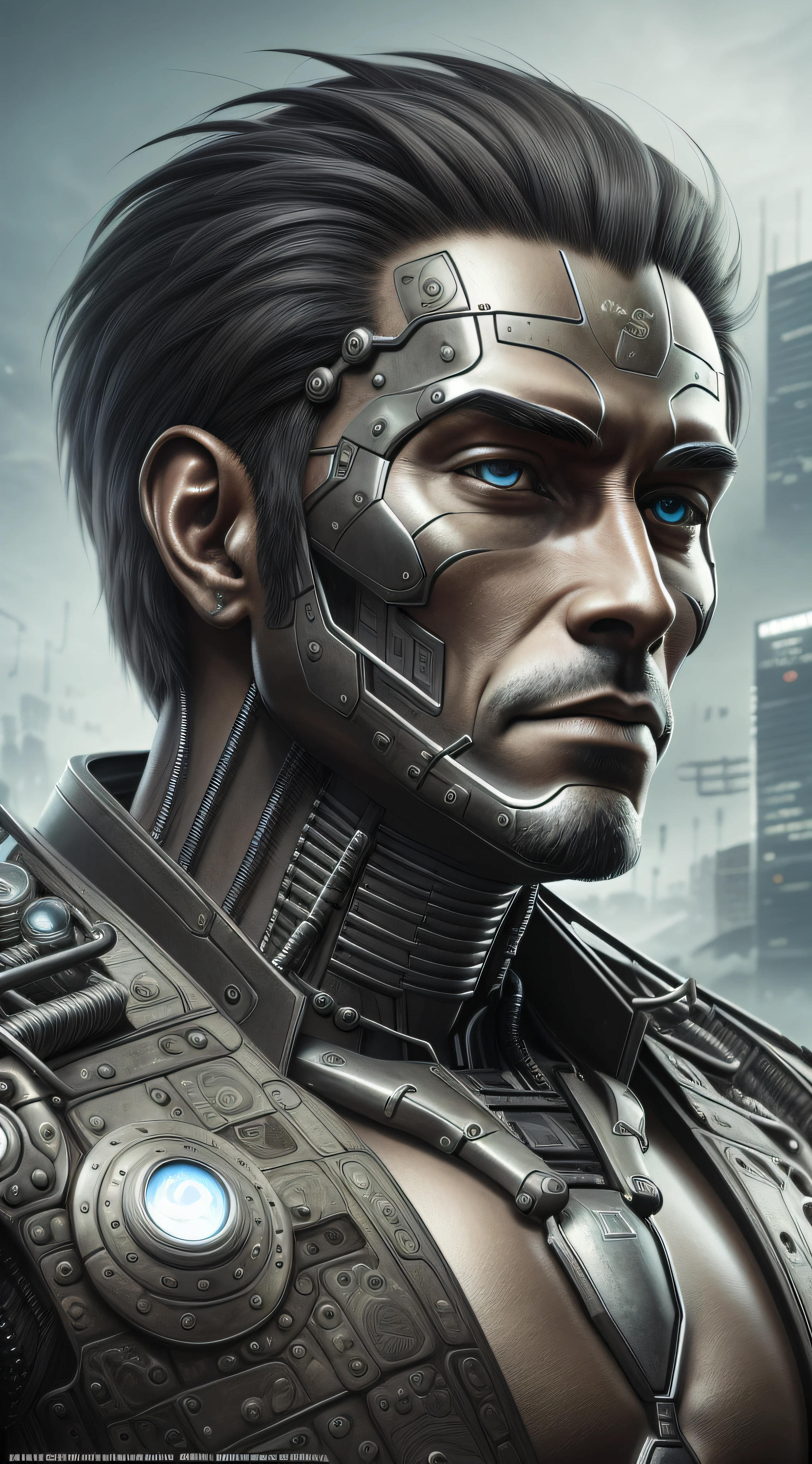 A man with an impressive monkey head emerges from the chaos of a dystopian future. Using advanced cyber armor, It represents the evolution of the human species. His imposing and powerful presence is intensified by the contrast between his primitive appearance and the technological elements that surround him... The image is of high quality, Detailed and realistic representation that captures the essence of this new way of life. --auto --s2
