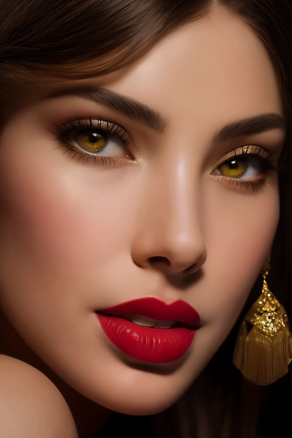 a close up of a woman with a red lipstick and a brown dress, ultra beautiful face, hyperrealistic beautiful face, photorealistic beautiful face, extremely beautiful face, stunning art, very beautiful face, realistic beautiful face, beautiful face!!!!, by Tom Lovell, beautiful retro art, by stanley artgerm, artgerm and gil elvgren, beautiful art,retrato ultradetalhado e delicado de uma garota linda e atemporal,noir woman, sultry eyes, closeup, style of Rolf Armstrong, light and shadow