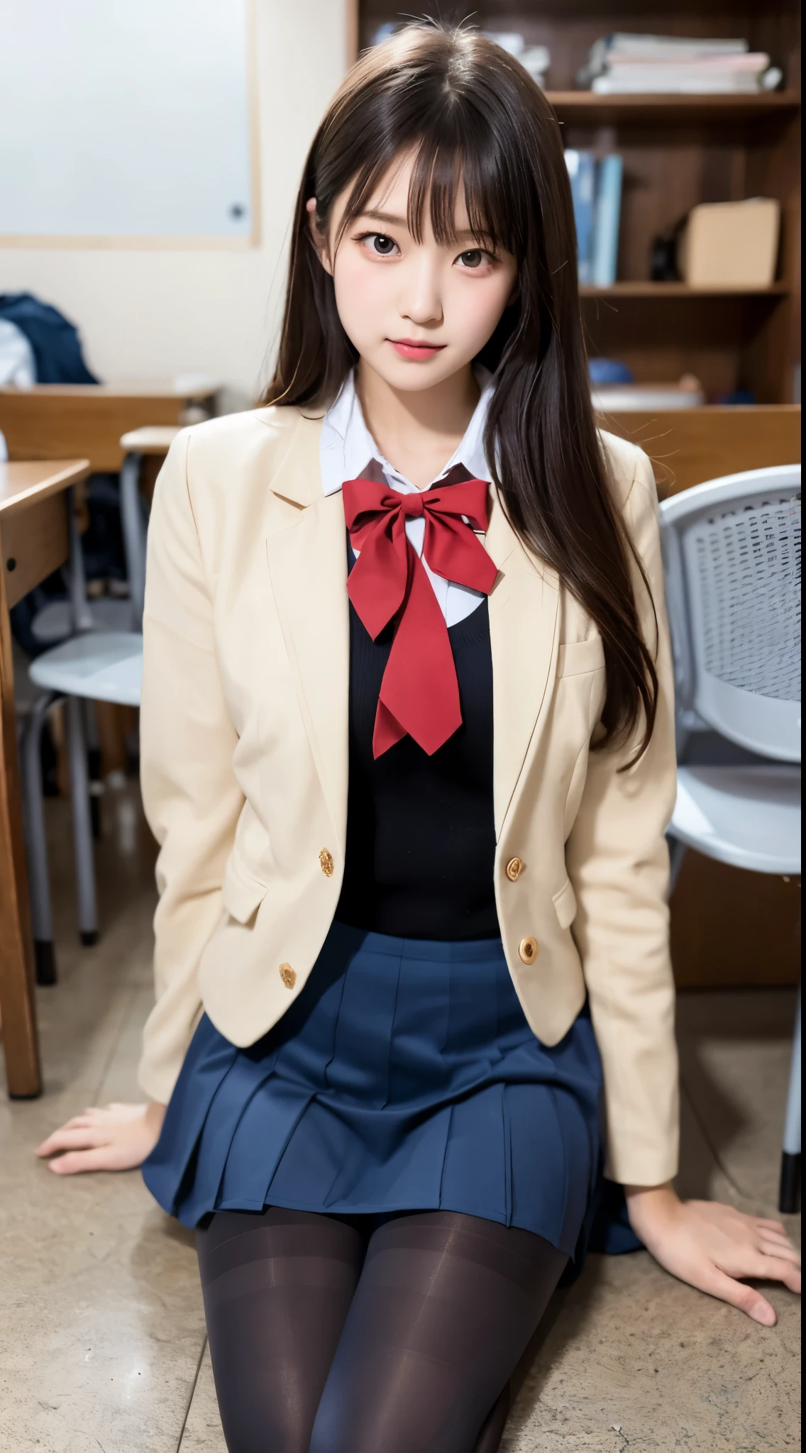 ulzzang-6500-v1.1, (Raw photo:1.2), (Photoreal), (genuine: 1.4), A woman in a skirt and jacket is sitting on the floor, hyper現実的なhigh school girl, a hyper現実的なhigh school girl, かわいいhigh school girl, 現実的なhigh school girl, wearing japanese school uniform, japanese school uniform, high school girlの格好をした, japanese girl uniform, wearing school uniformいる, wearing , (super realistic pantyhose:1.3), high school girl, of posing, girl in uniform