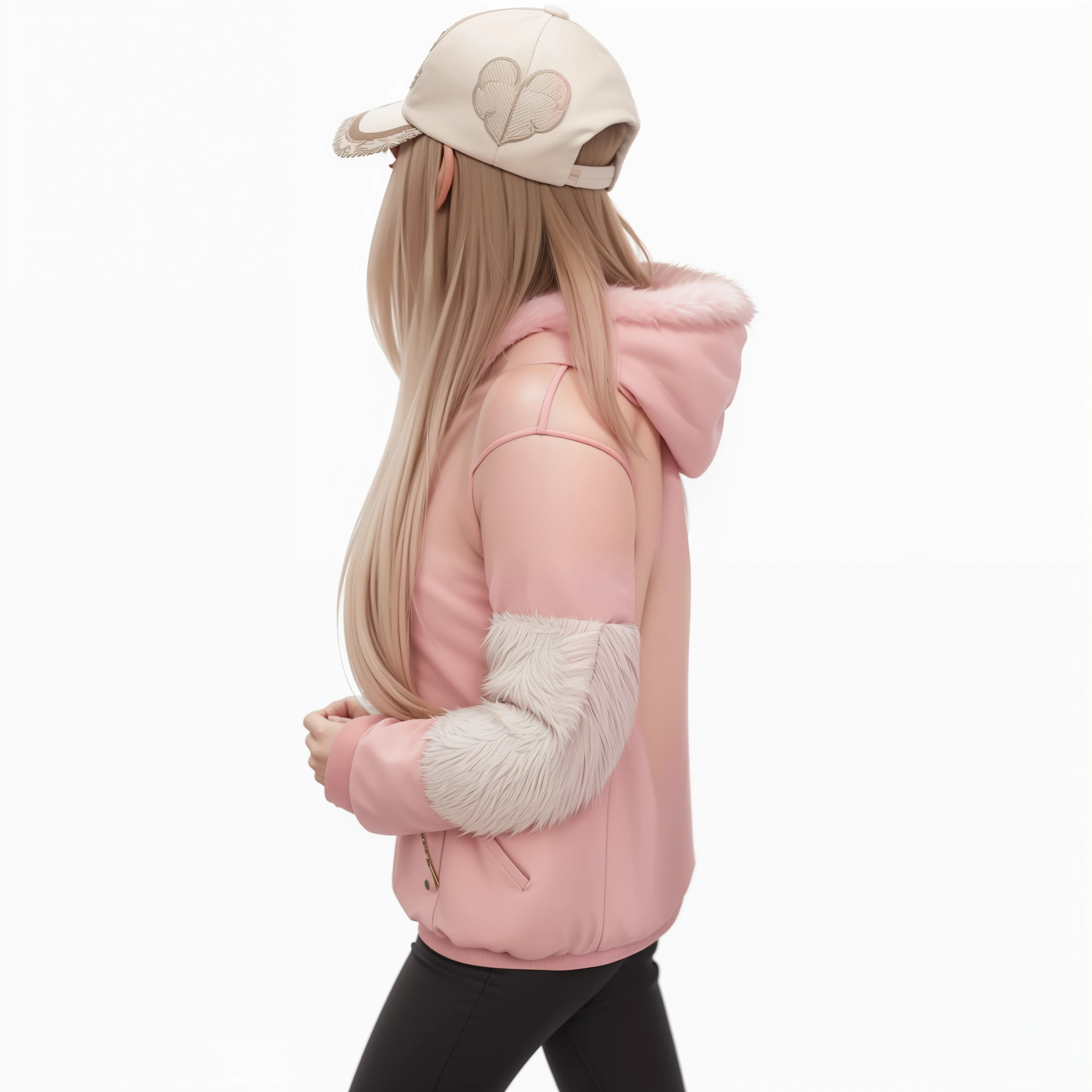 realista com casaco rosa e detalhes em pelo branco, cap with fur appliqué details, ultra realista, 8k, detalhes intrincados, (High image resolution), (photorealismo extremo), 16k,