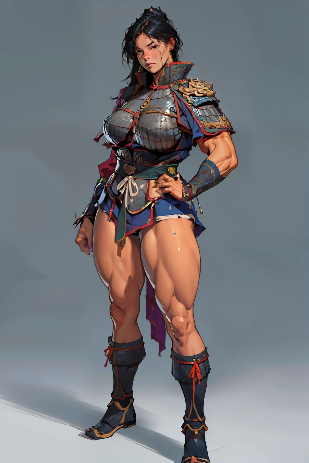 (high resolution, pixel perfect, gorgeous illustrations), (hyper quality, muste piece, etheric: 1.4), ((1girl)), (((((stand,open legs))))), ((tattoo)), ((mature woman)), cool atmosphere, ((((expressionless)))), (((((((muscular))))))), ((thick thighs)), (((wide hips))), ((Big breasts that are about to burst)), fighter, (((woman))), ((((wh_chi_armor)))), (((cameltoe))), lewd woman, (shiny skin), sweat, simple background,