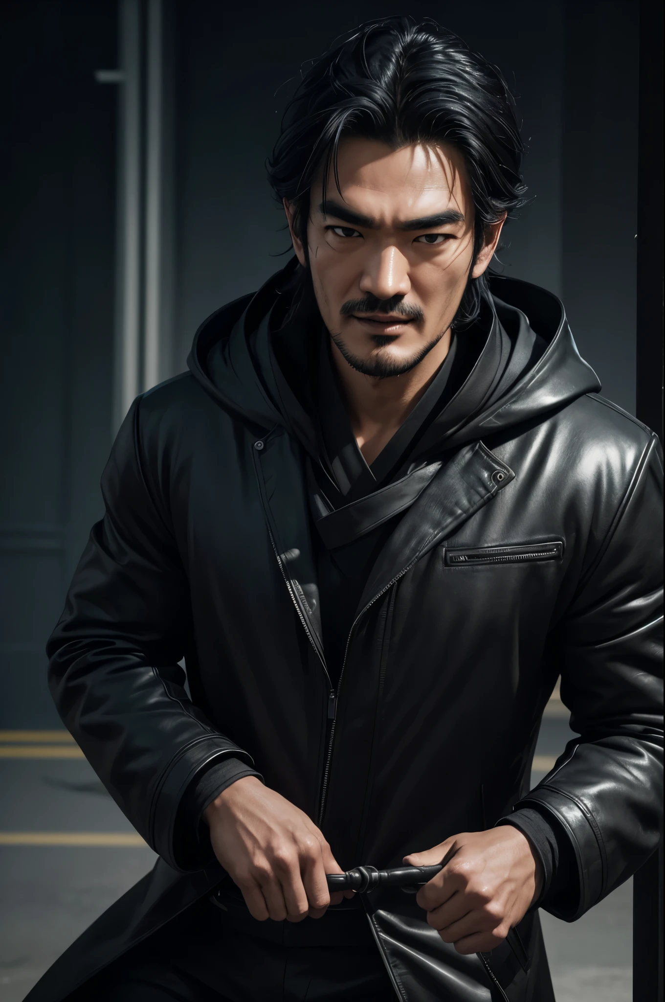 1 Super handsome,((surreal details)), man wearing a black coat with a hood,laughter,black slacks,Bunching up black hair,Portrait of Takeshi Kaneshiro, global illumination, Shadow, octane rendering, 8K, super sharp,Metal,convolution,8K,sharp gaze,dynamic action pose,karate stance,A scene from the movie Returner,