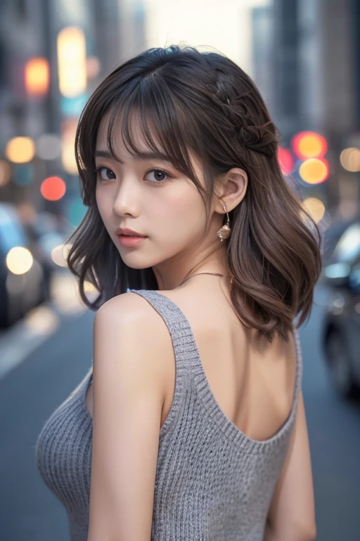 ((Best Quality 8K Masterpiece)) Japanese ido a beauty girl 18year old ((beautiful symmetrical eye shiny plump lips)) Short wavy brown hair with bangs ((Shot from the side sexypose Looking at the camera)) (Close-fitting gray knit sweater dress Sleeveless No back body:1.4) (You can see her side breasts and back to buttocks:1.5) (no-bra:1.3) Downtown alley at night Night view of Shinjuku Duck mouth glowy skin close up of face Teary-eyed