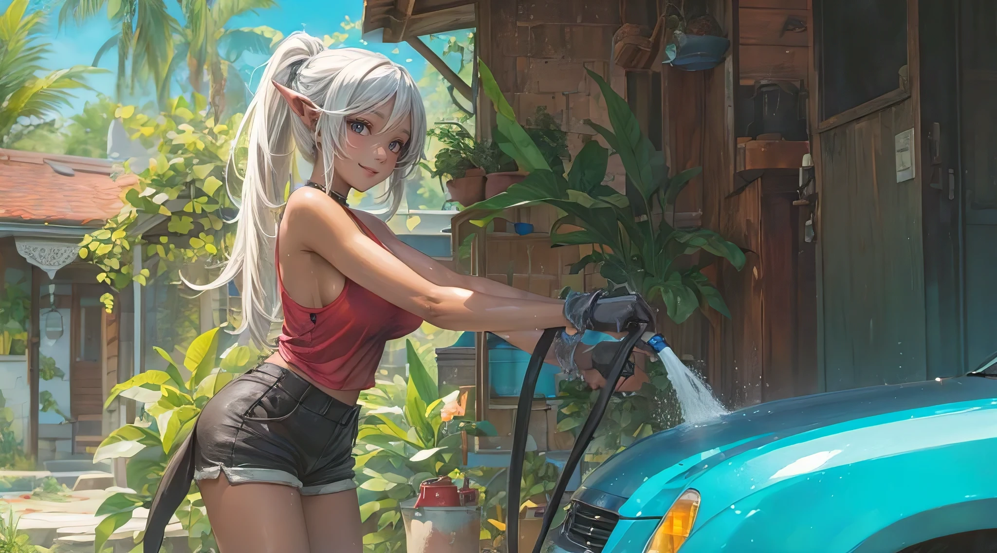 (best quality, masterpiece:1.2), an otherwordly beauty of a drow dark elf, washing her car at the porch, tank top, shorts, attractive, alluring, stunning, curvaceous, big well-endowed chest, eye catching composition, realism