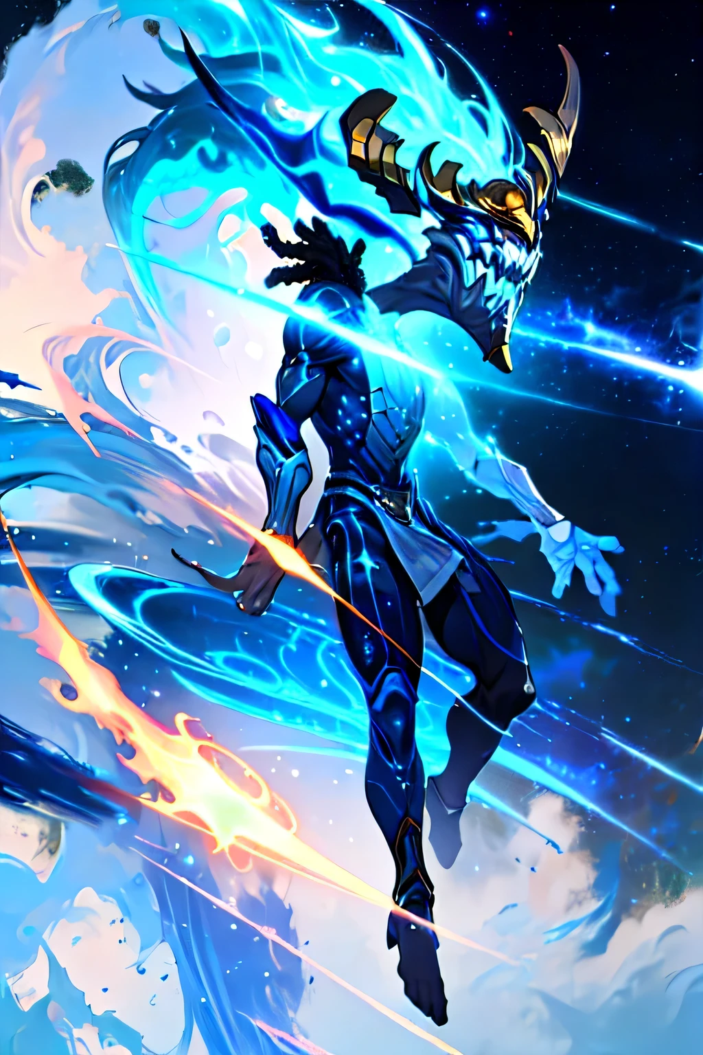 anime, black-Japanese male character , dreads, blue, glow blue eyes, white fashion clothes, cosmic, posing, reality manipulation powers, 8k resolution, highly detailed, anatomically correct, sharp image, digital painting, concept art