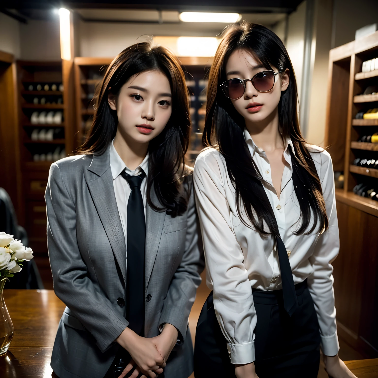 unparalleled beauty、criminal課、Investigation Division 1、criminal、criminal課長、実直なcriminalと破天荒なcriminal、police、gray suit or black suit、shirt and tie、teardrop type sunglasses、allowed to own a rifle1.8、Hold your rifle、red wine in wine glass、Occurrence of violent crime、西部police、shine、Fine skin texture、precise fingers、two women are in front of the camera、cowboy shot
