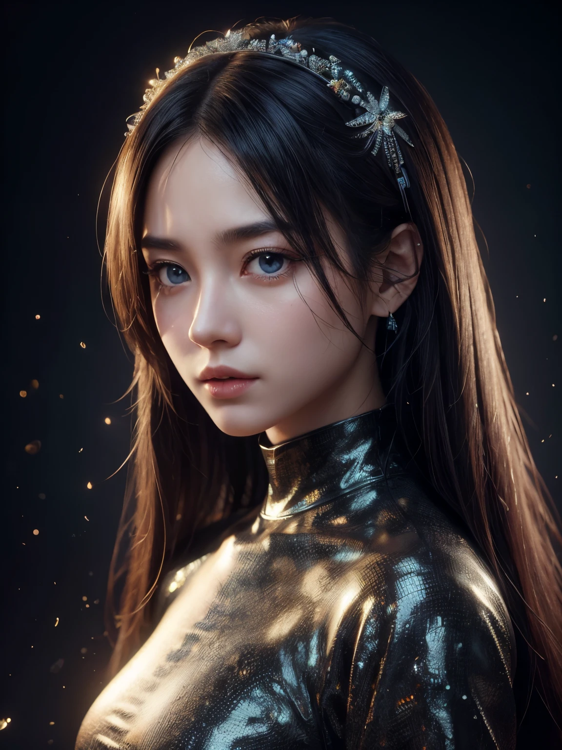 (high quality), (masterpiece), (detailed), 8K, Hyper-realistic portrayal of a futuristic (1girl1.2), Japanese character adorned with captivating gemstones. Meticulous details capture the seamless blend of tradition and innovation in this visually stunning composition. Trending on Artstation.