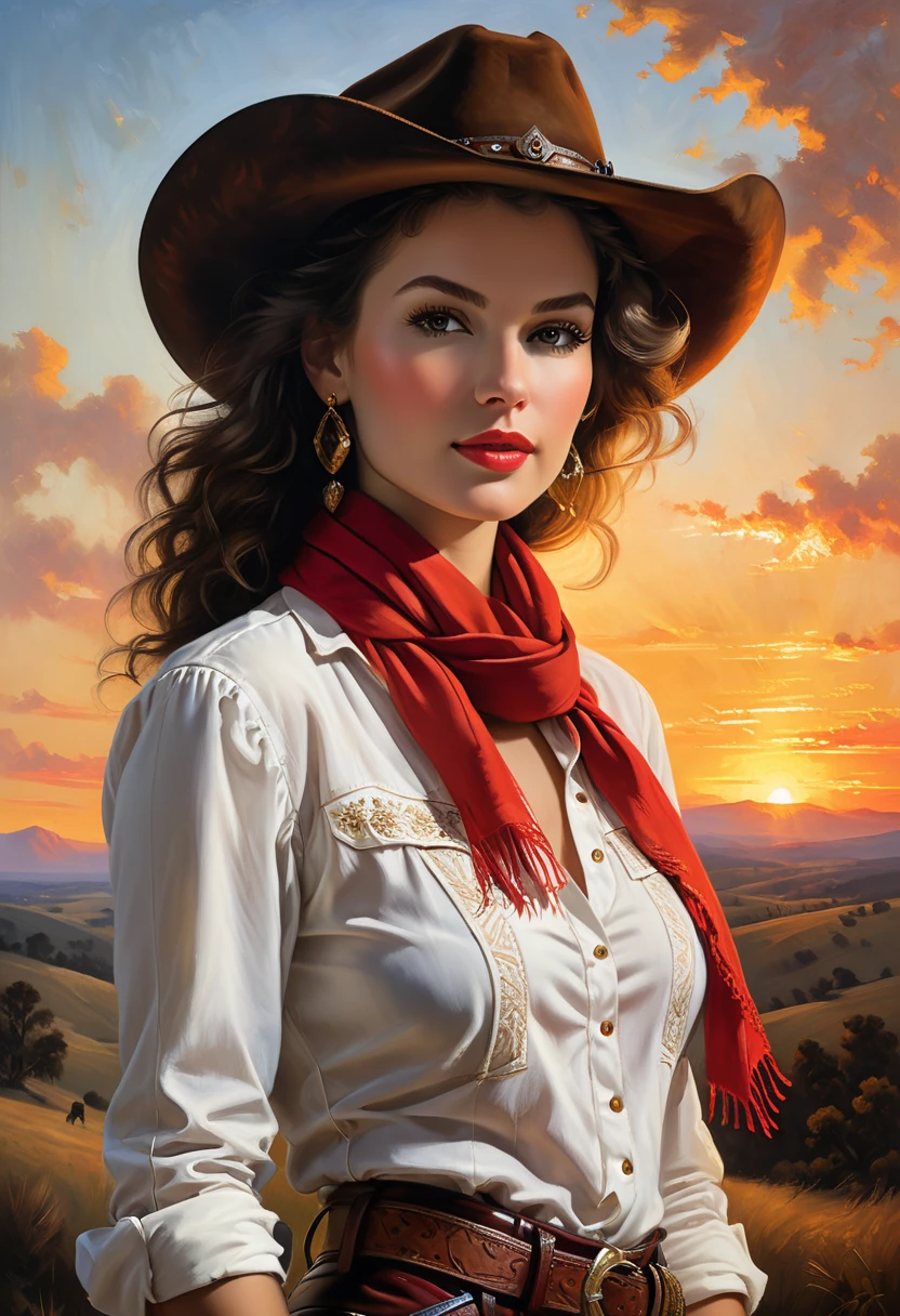 A captivating oil painting of a confident and fashionable cowgirl, standing tall and strong with her wide-brimmed hat and flowing red scarf. The cowgirl exudes elegance and power in her crisp white button-up shirt and tight leather pants. Her intense gaze and dark lashes convey a sense of resilience and determination. The breathtaking sunset background casts a warm golden light over the tranquil scene of rolling hills and a distant horizon. The artwork is a remarkable blend of the dynamic wlop style and the masterful technique of Rembrandt, with its rich colors, intricate details, and powerful presence.