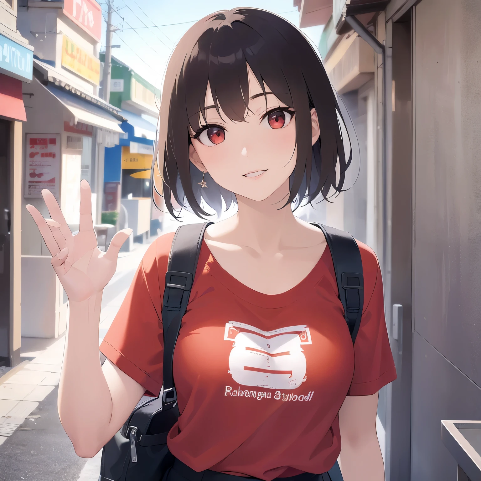 waving at Viewer、Realistic, real person, RAW photo, photorealistic, portrait photography, shiny skin, japanese idol、(40 year old woman with bangs), (red eyes:1.5) and (brown hair) and (bob cut) and (wavy hair)Wearing a yellow T-shirt、smile, Alone、Are standing、background is outside