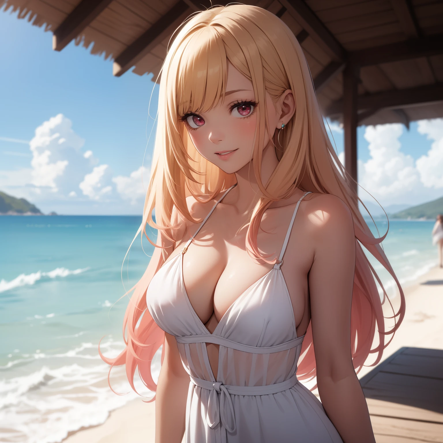 Absurd resolution, high resolution , high quality, (​masterpiece:1.4), ultra-detailed ,super detailed skin, (((Solo))), 1girl in, Red Eyes, medium breasts, Long hair, a blond, Straight hair, Bangs, earrings, cleavage, (White see-through summer dress), light smile,  (sandy beach), ((looking afar))